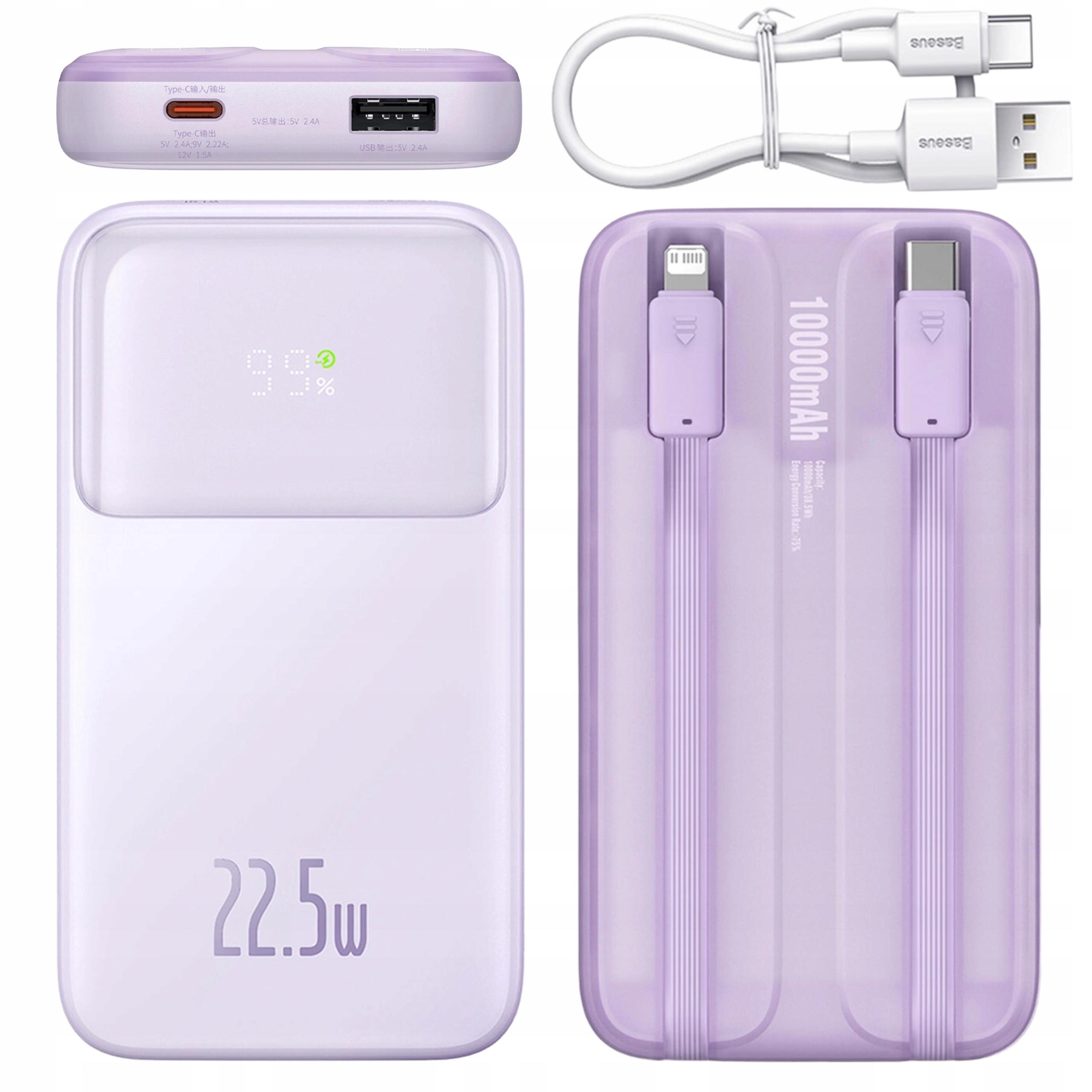 Baseus powerbank 10000mah 22,5w z kablami usb c lightning