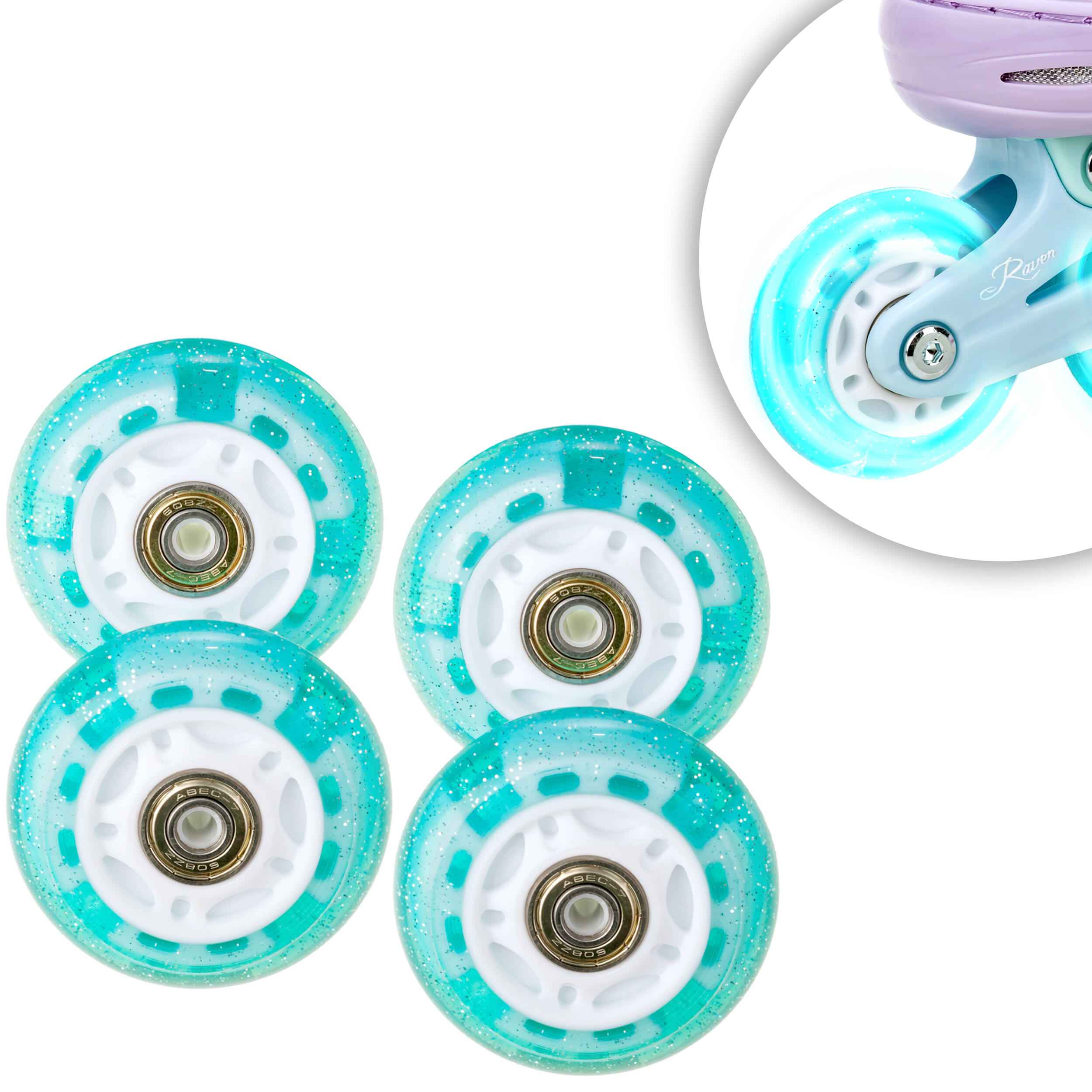 4x Świecące kółka LED + łożyska do rolek Raven Isla Mint 64mm PU