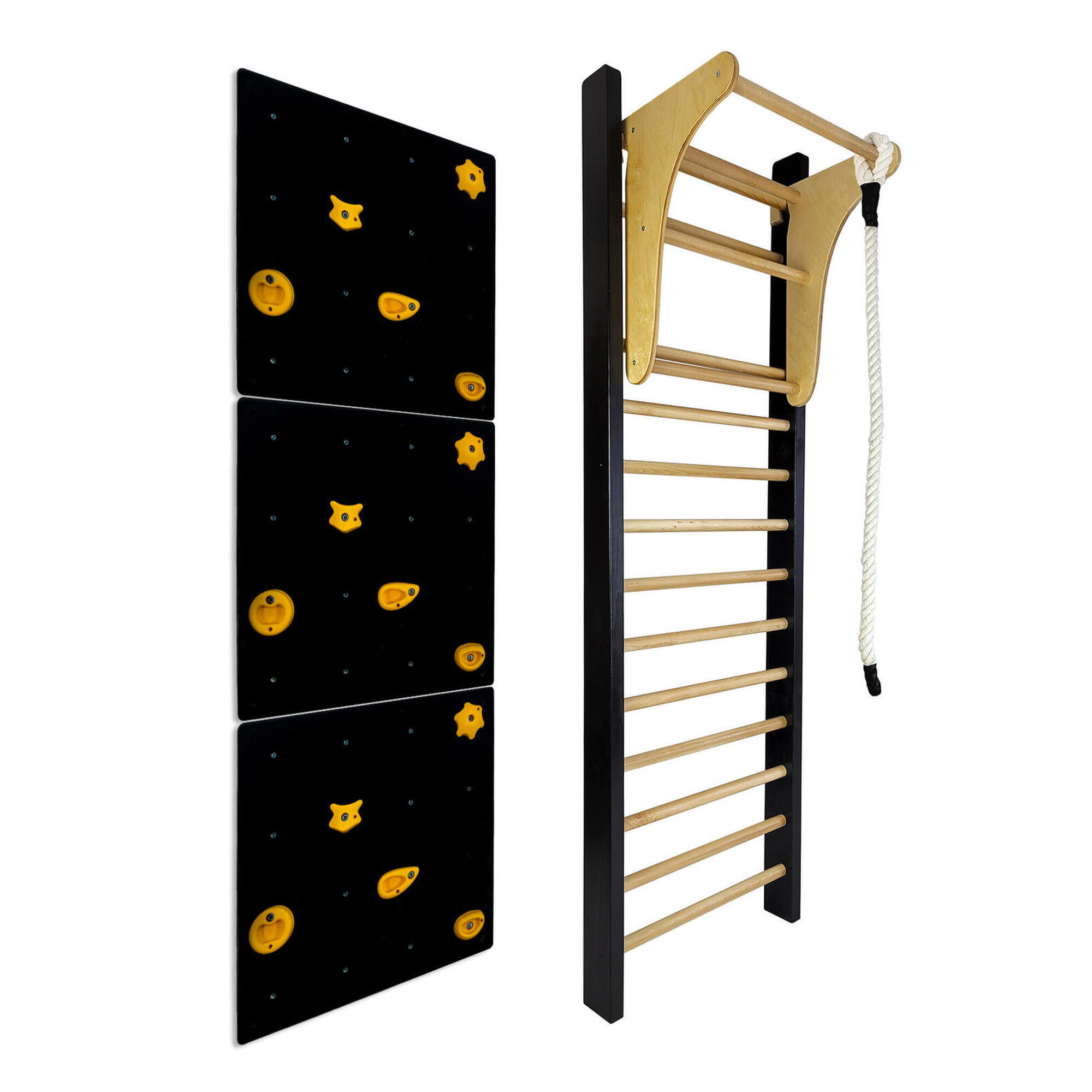 Drabinka gimnastyczna LEON 195x80 czarna + drążek + ścianka wspinaczkowa