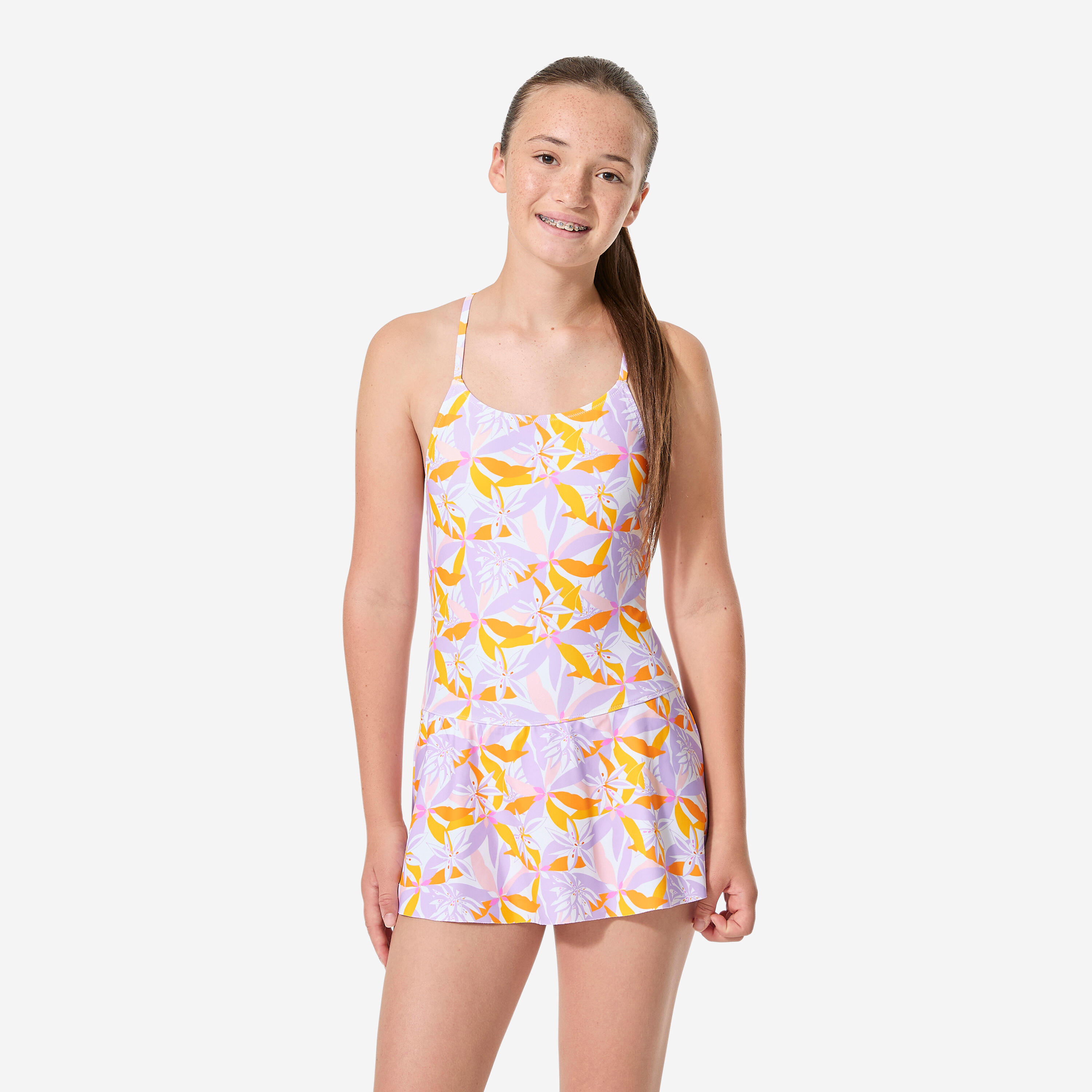 Strój jednoczęściowy pływacki dla dzieci Decathlon Lila Jow ze spódniczką