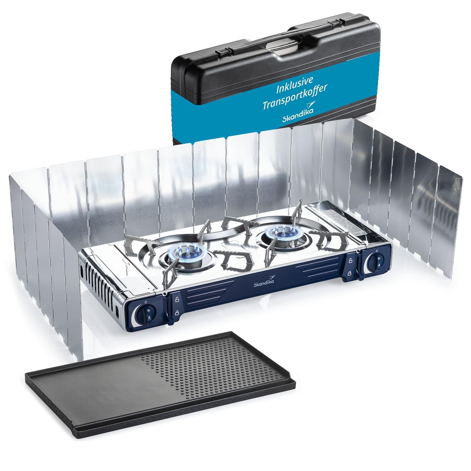 Zestaw kuchenka kempingowa 2-palnikowa Brann + płyta grillowa + parawan