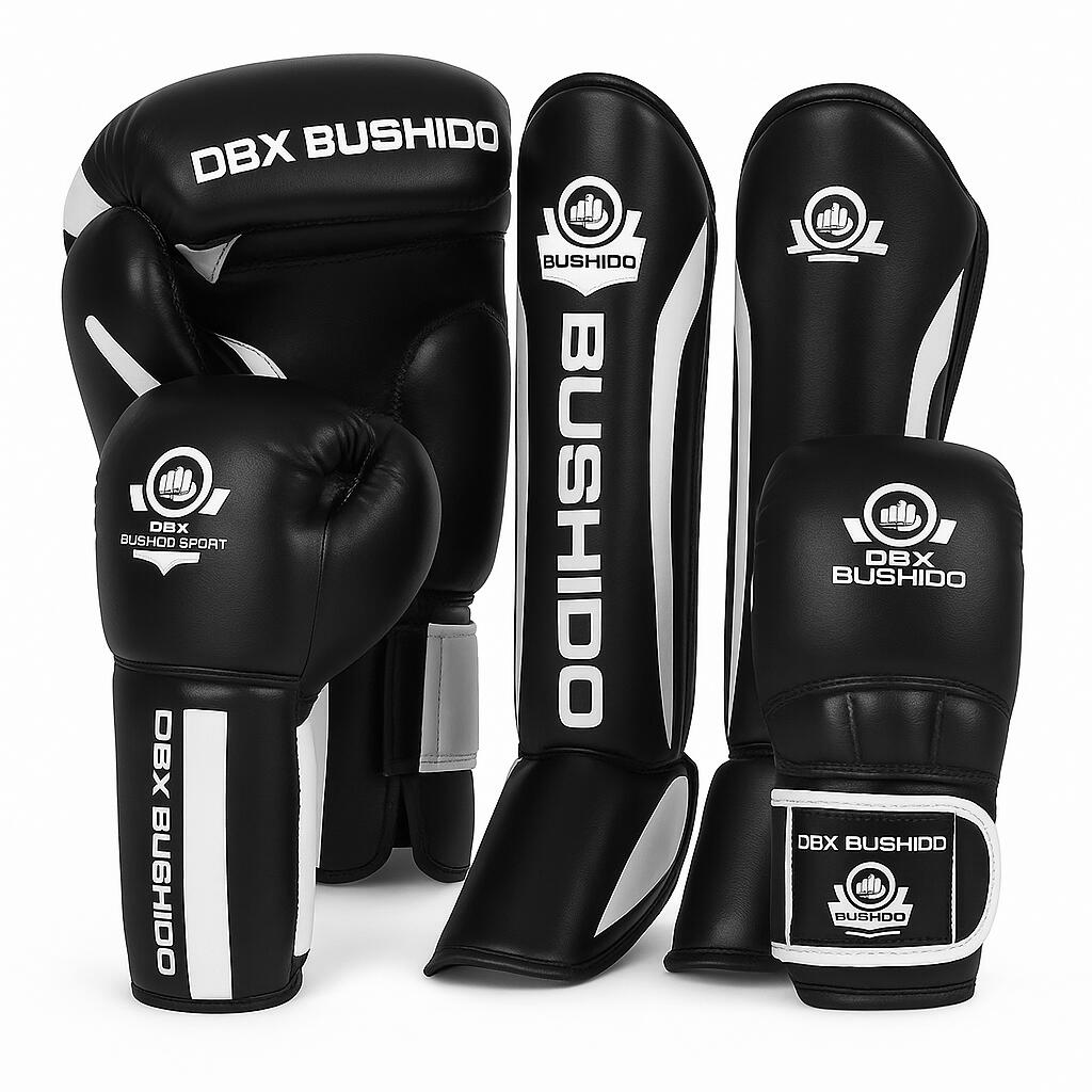 Zestaw do MMA rękawice kask i ochraniacze DBX Bushido White Predator