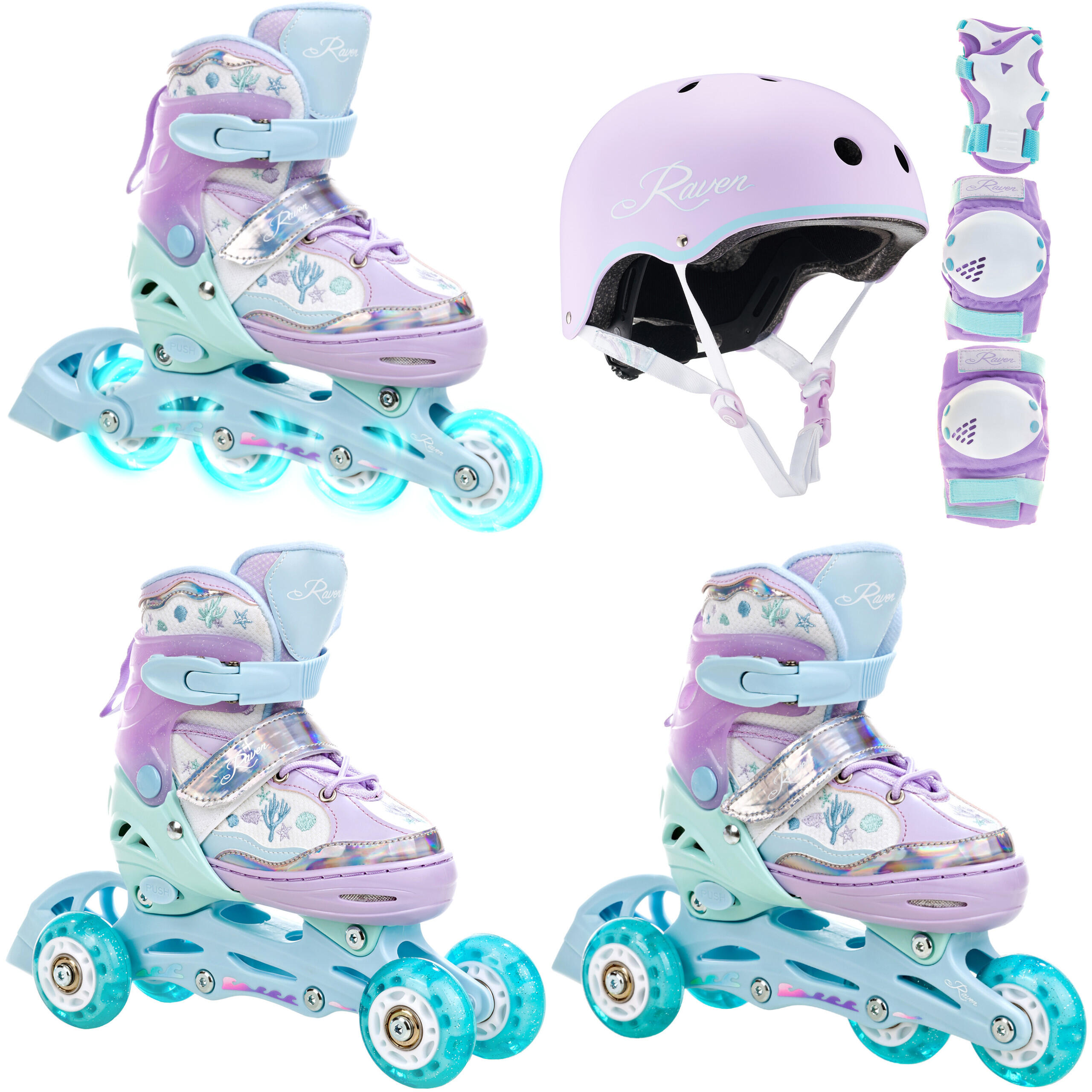 Zestaw Rolki 3w1 Raven Isla Świecące Kółka LED Ochraniacze Verba Kask Essto