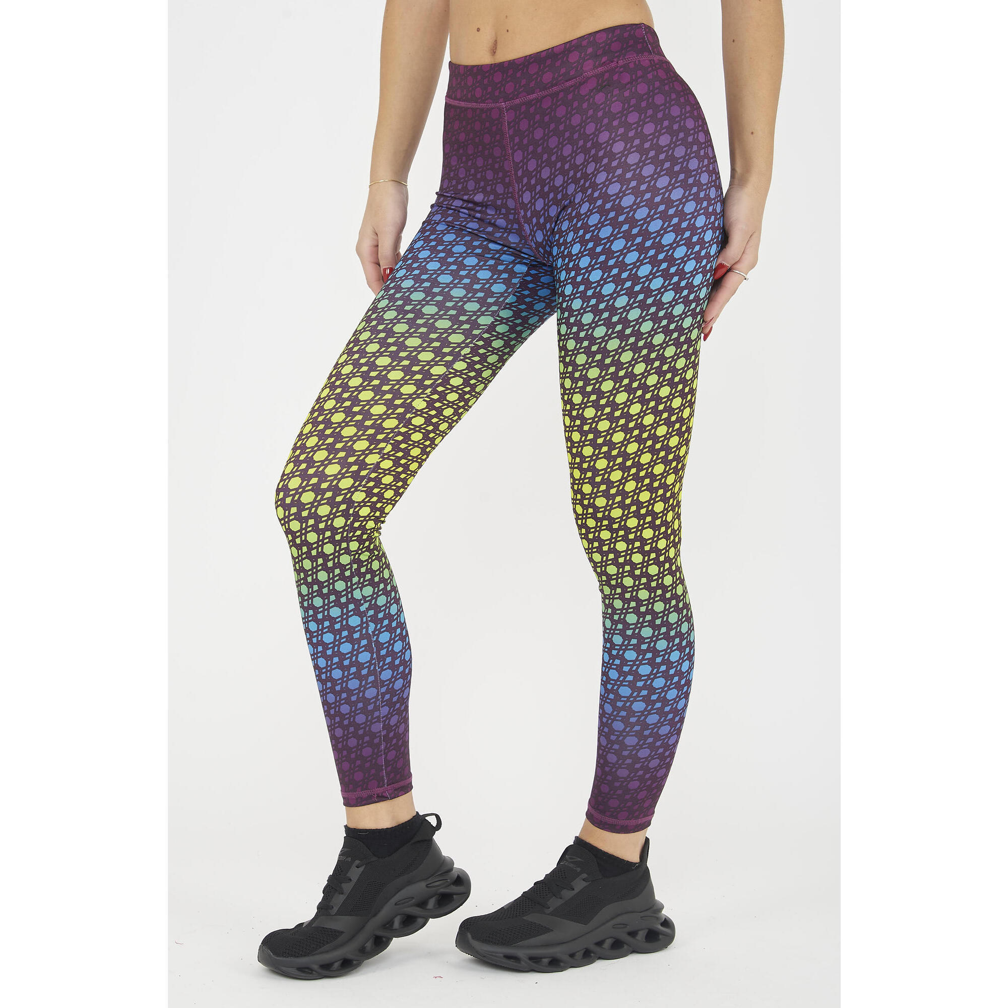 Legginsy do treningu damskie NETMESH fioletowe żółte fluo
