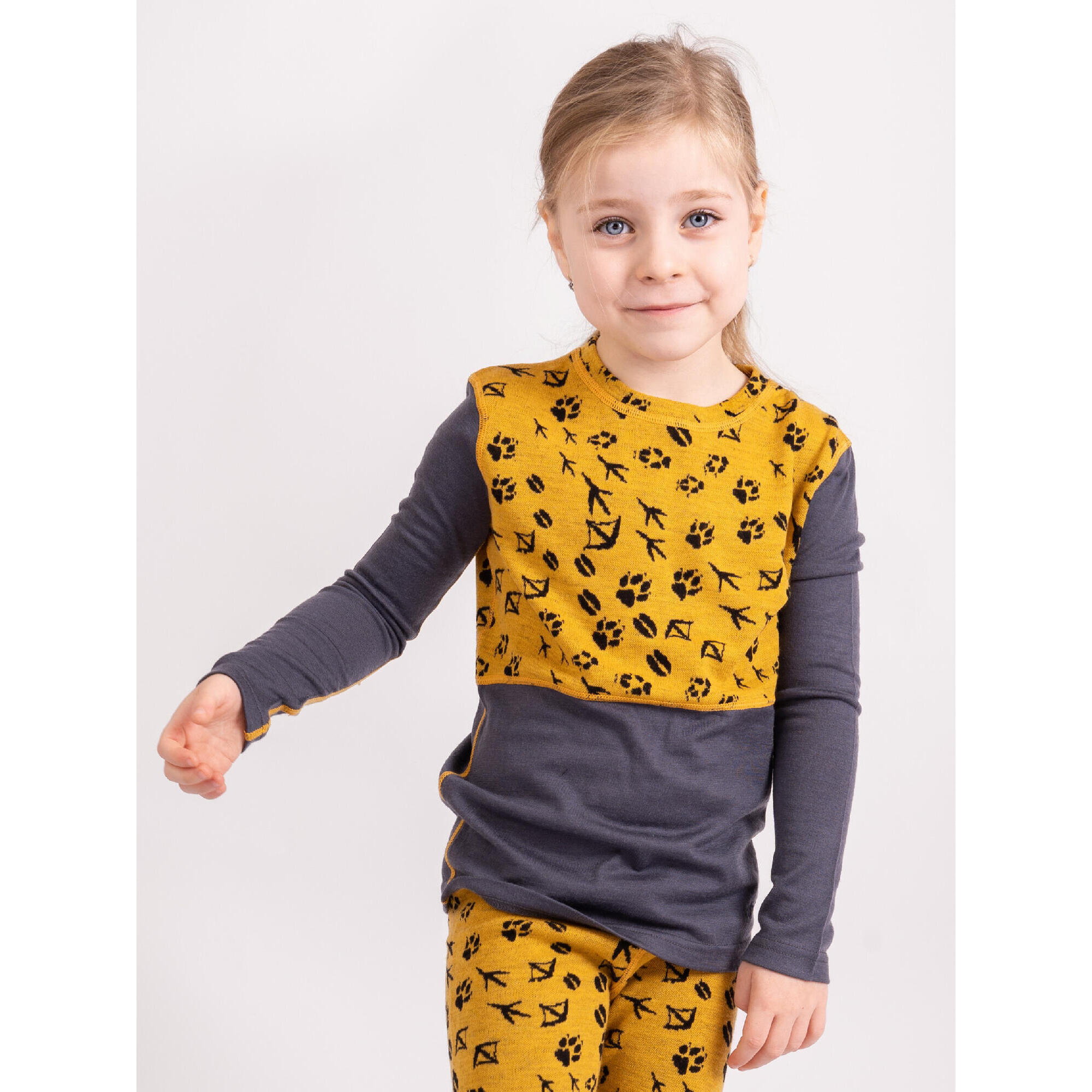 Dětské merino triko s dlouhým rukávem Nature, Hořčicová, Lesní stopy