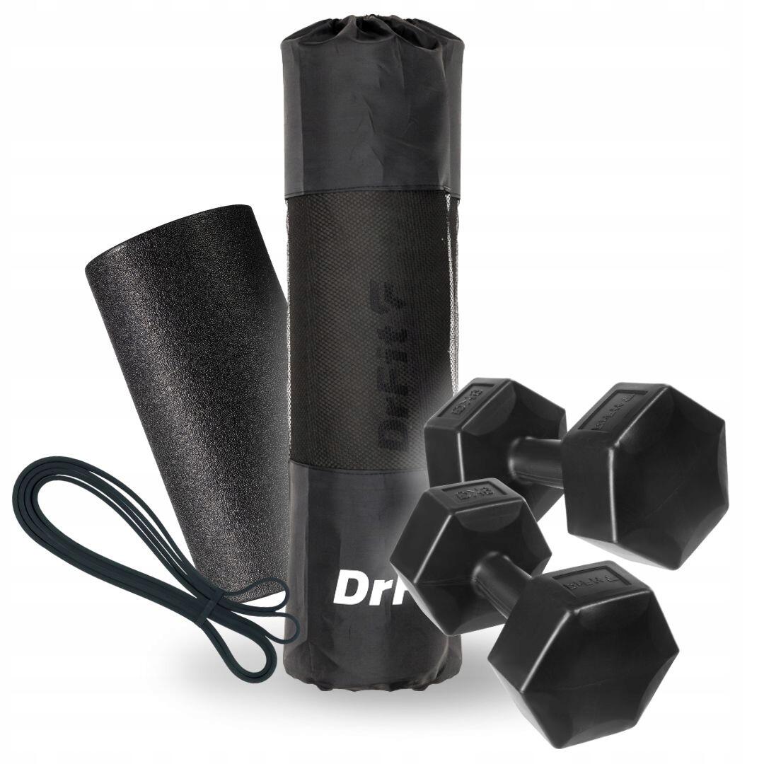 Czarny zestaw treningowy: mata NBR, hantle, guma, roller Travel