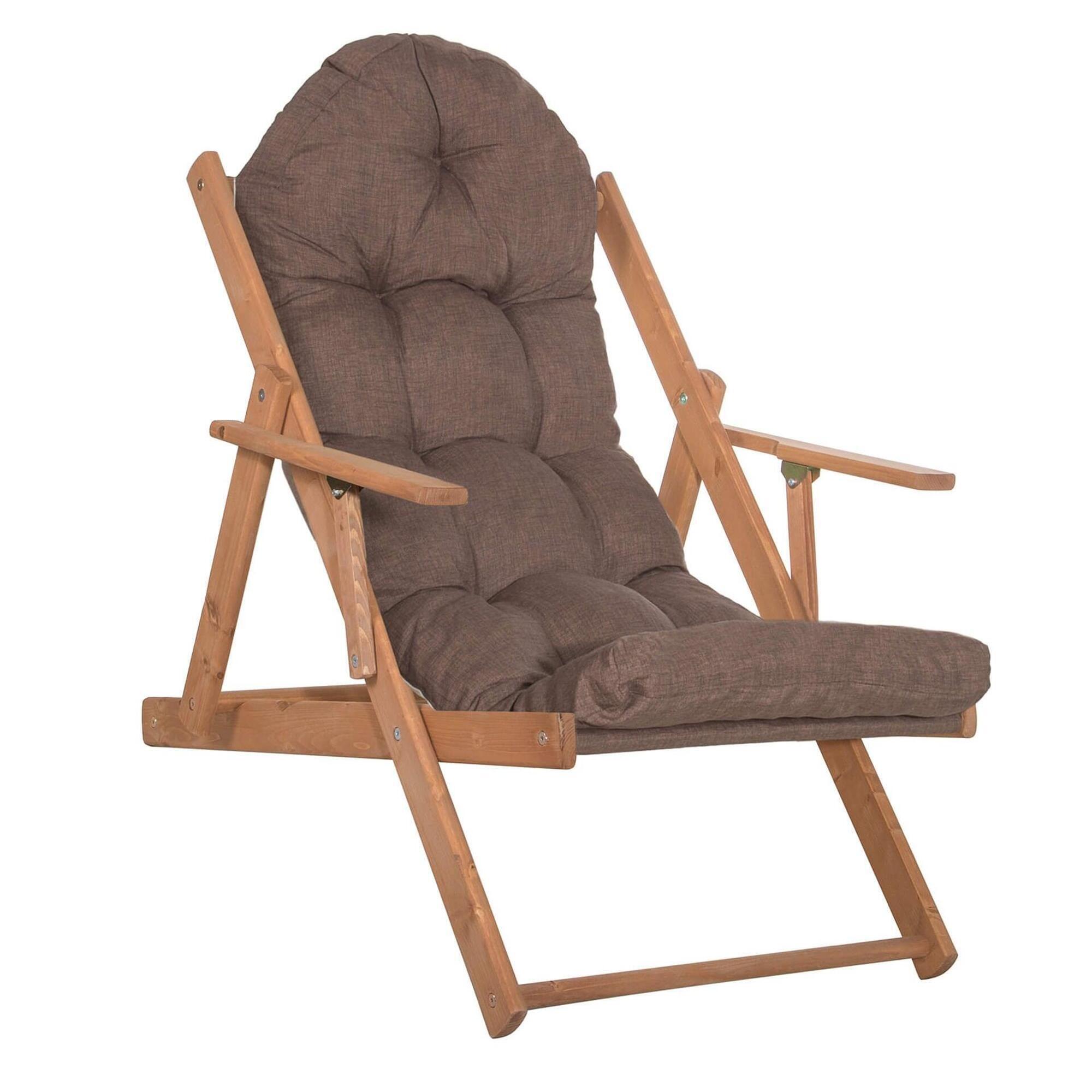 Leżak drewniany Borneo fotel z 3-stopniową regulacją i poduszką, brązowy