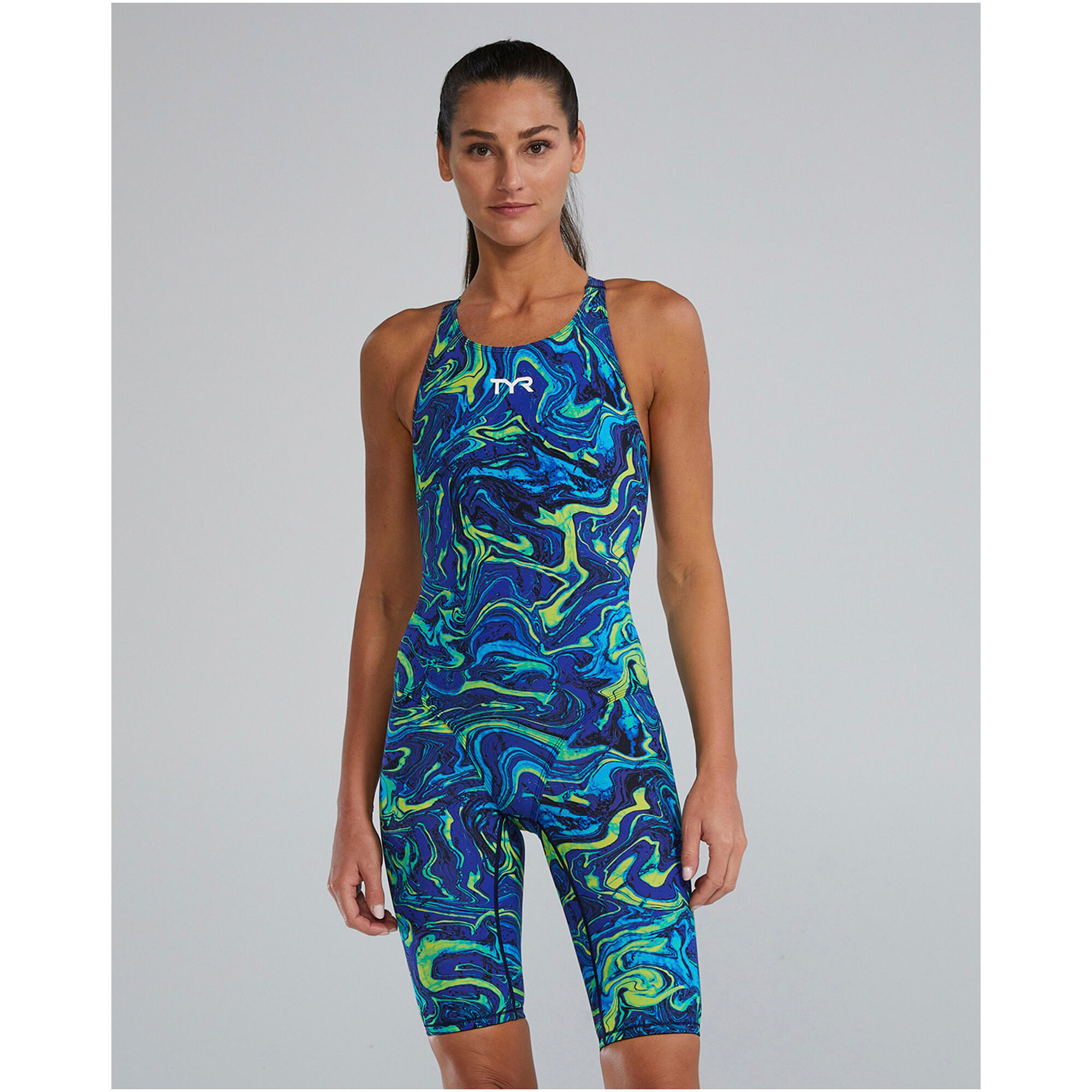 Strój pływacki damski TYR Thresher Open Back - Hyperblitz - Titanium