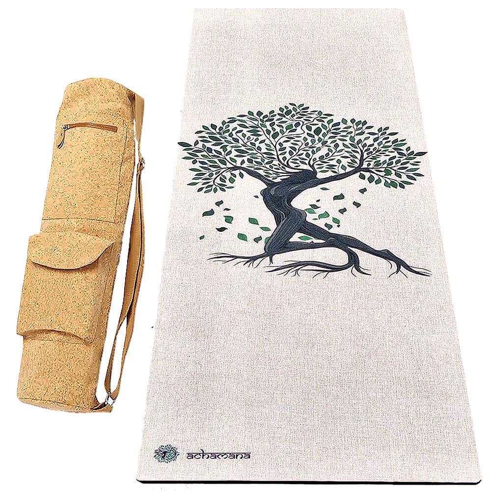 Mata do jogi z gumy i konopi 4,5mm + torba ze skóry korkowej – drzewo życia