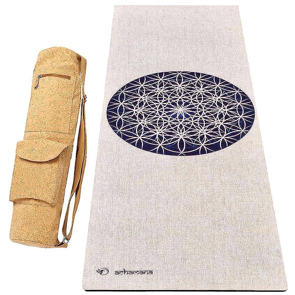 Mata do jogi z gumy i konopi 4,5mm + torba ze skóry korkowej – kwiat życia