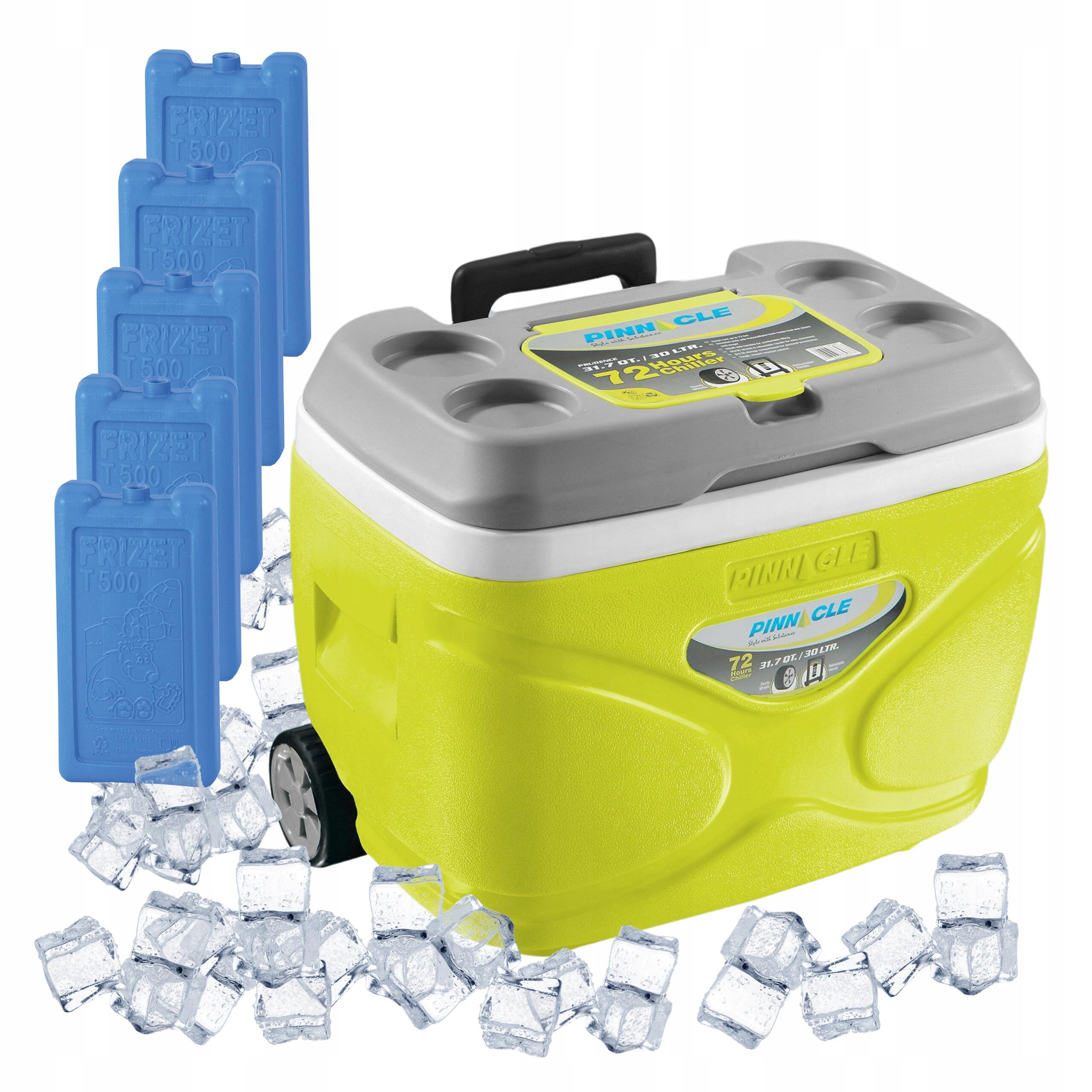 Lodówka turystyczna na kółkach limonkowa Pinnacle 30L + 5 wkładów 500ml