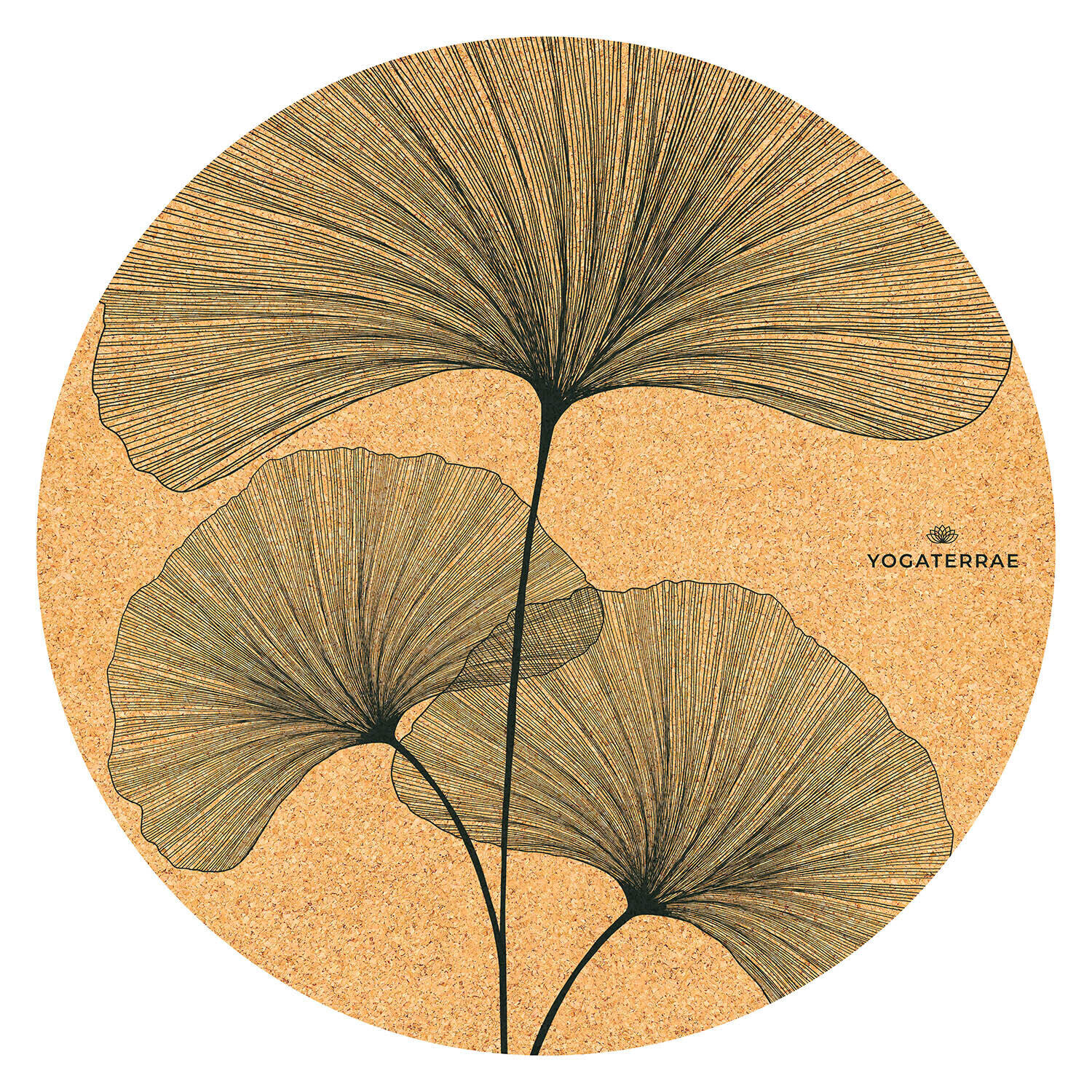 Okrągła mata do jogi BILOBA korkowo-gumowa, czarny nadruk + pasek do noszenia