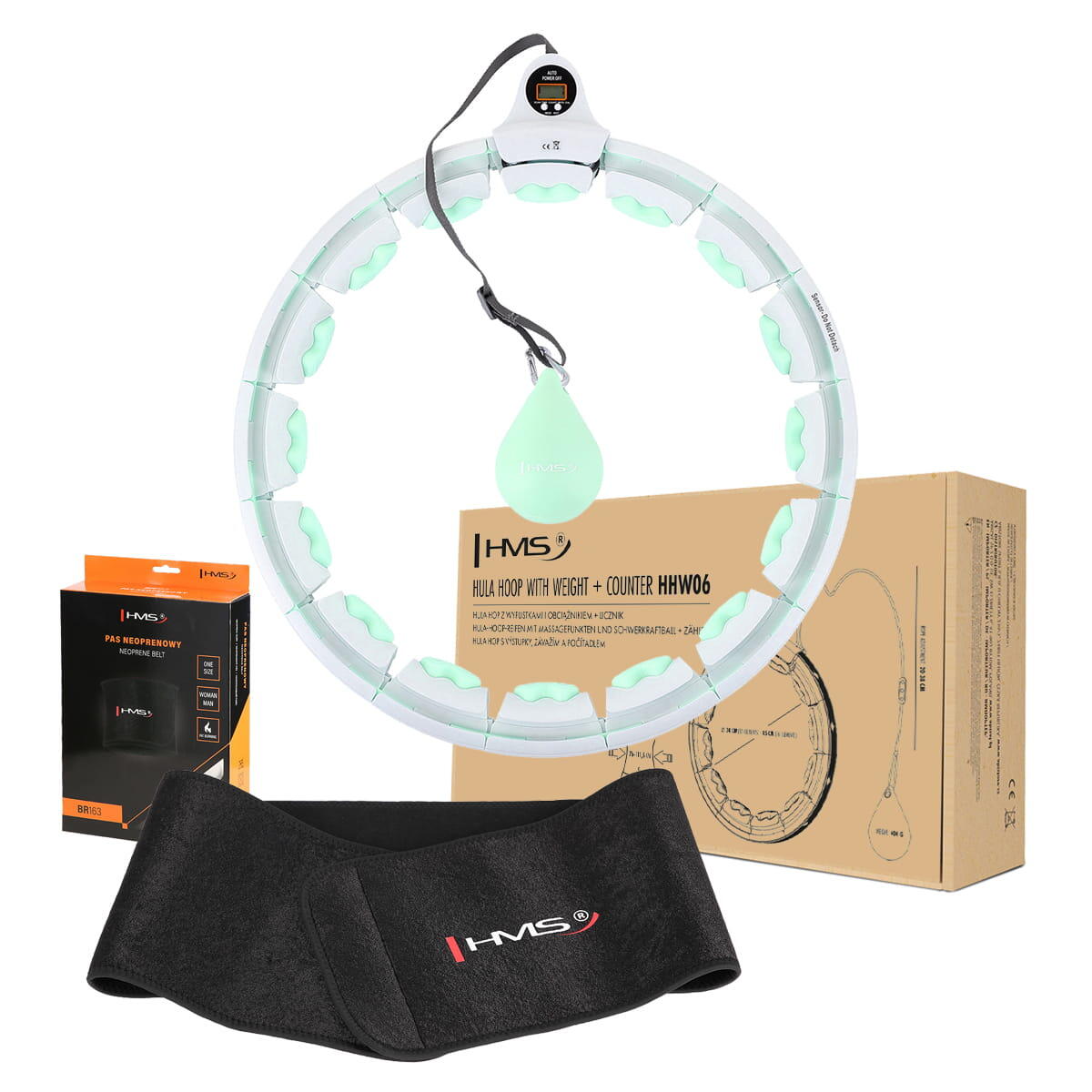 Zestaw hula hop HHW06 z wypustkami i obciążnikiem + pas BR163 HMS
