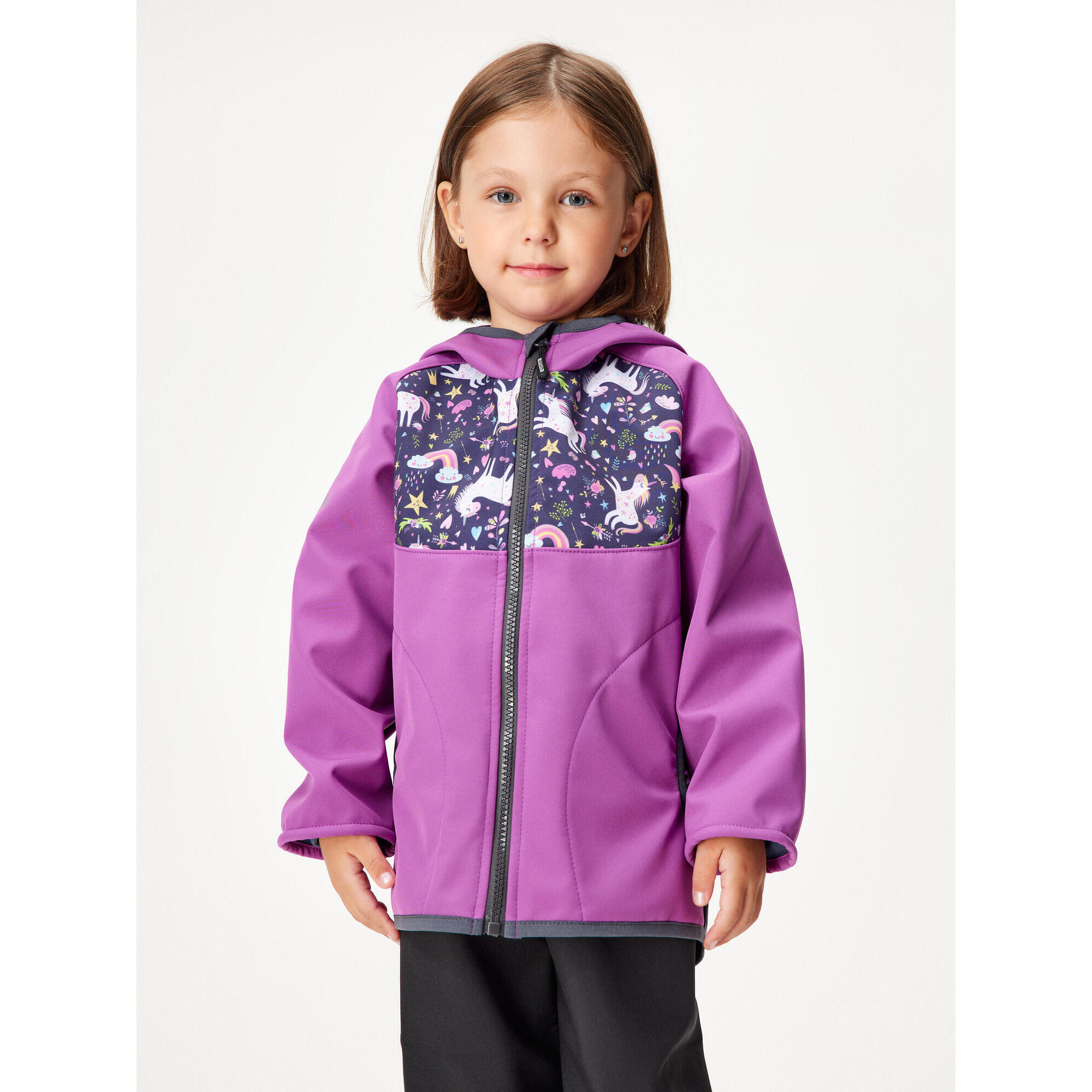Kurtka softshellowa dziecięca z polarem Basic, Blackberry, Unicorns