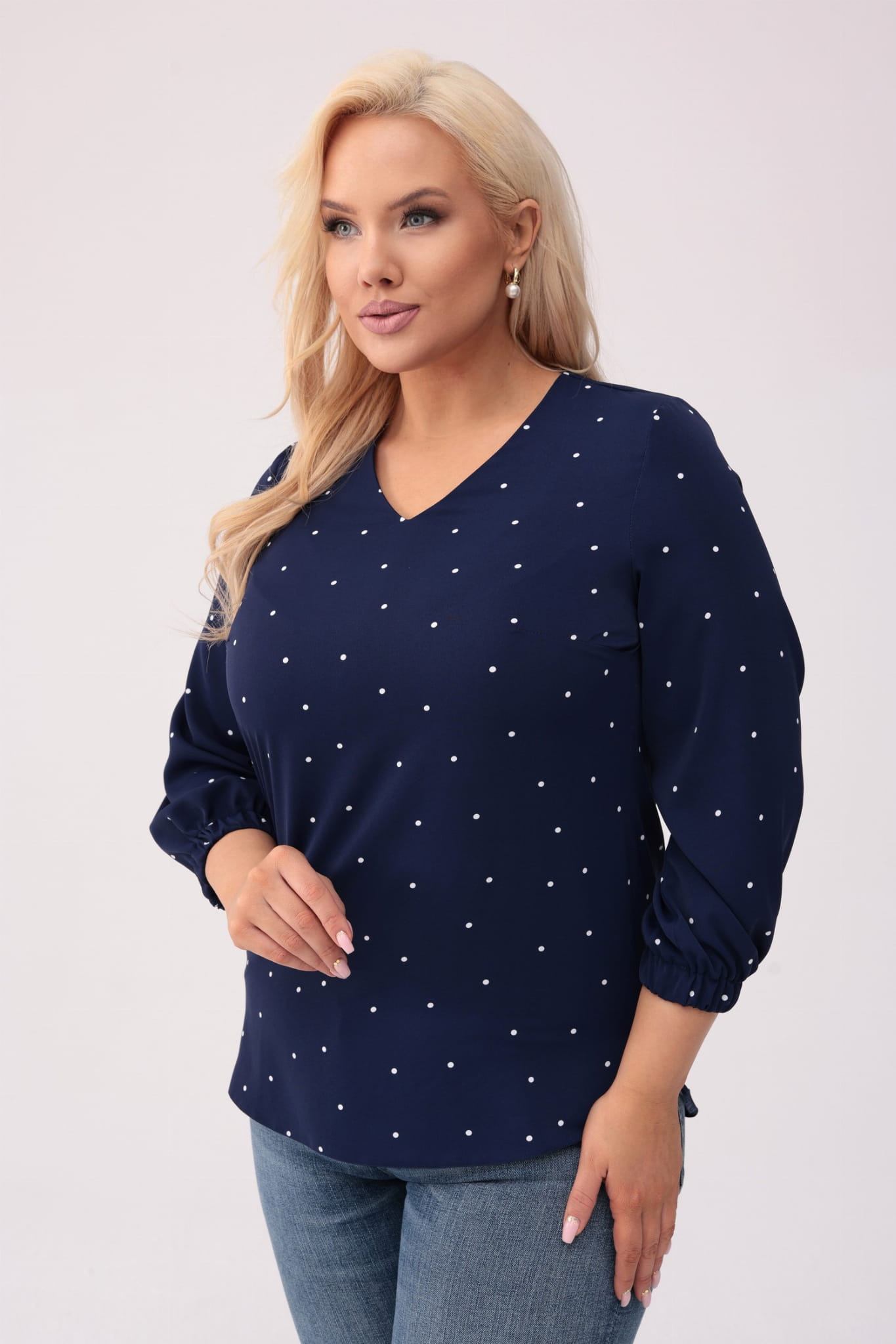 Elegancka granatowa bluzka w białe kropki PLUS SIZE XXL