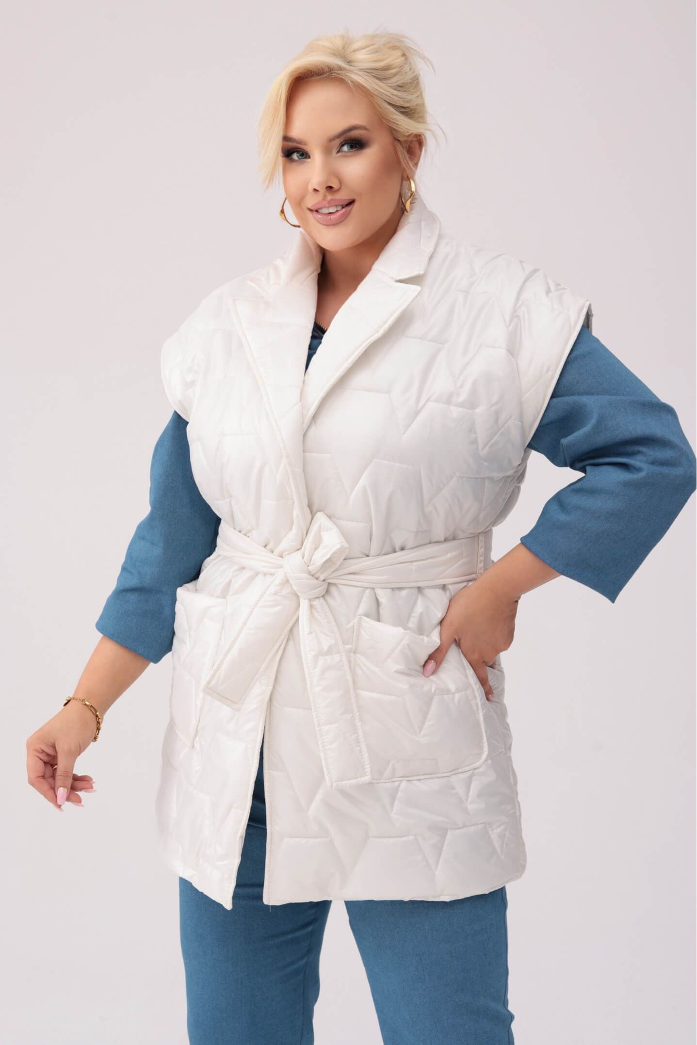 Pikowana żakietowa kamizelka Agnes w kolorze ecru OVERSIZE PLUS SIZE XXL WIOSNA