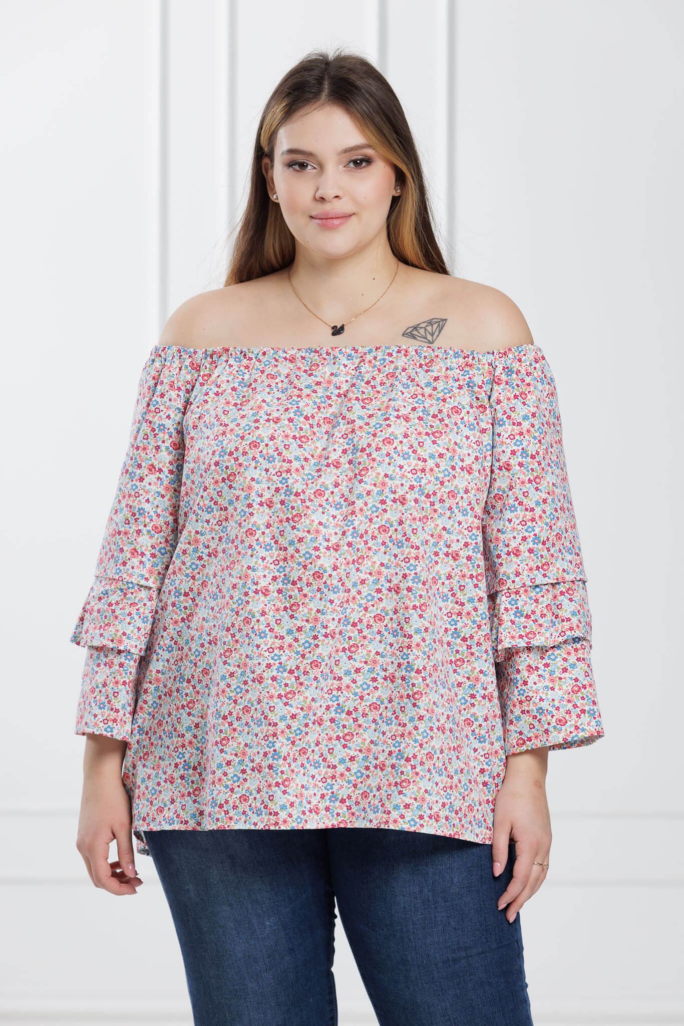 Wyjatkowa przewiewna bluzka hiszpanka Blanka w kwiatki na codzień PLUS SIZE