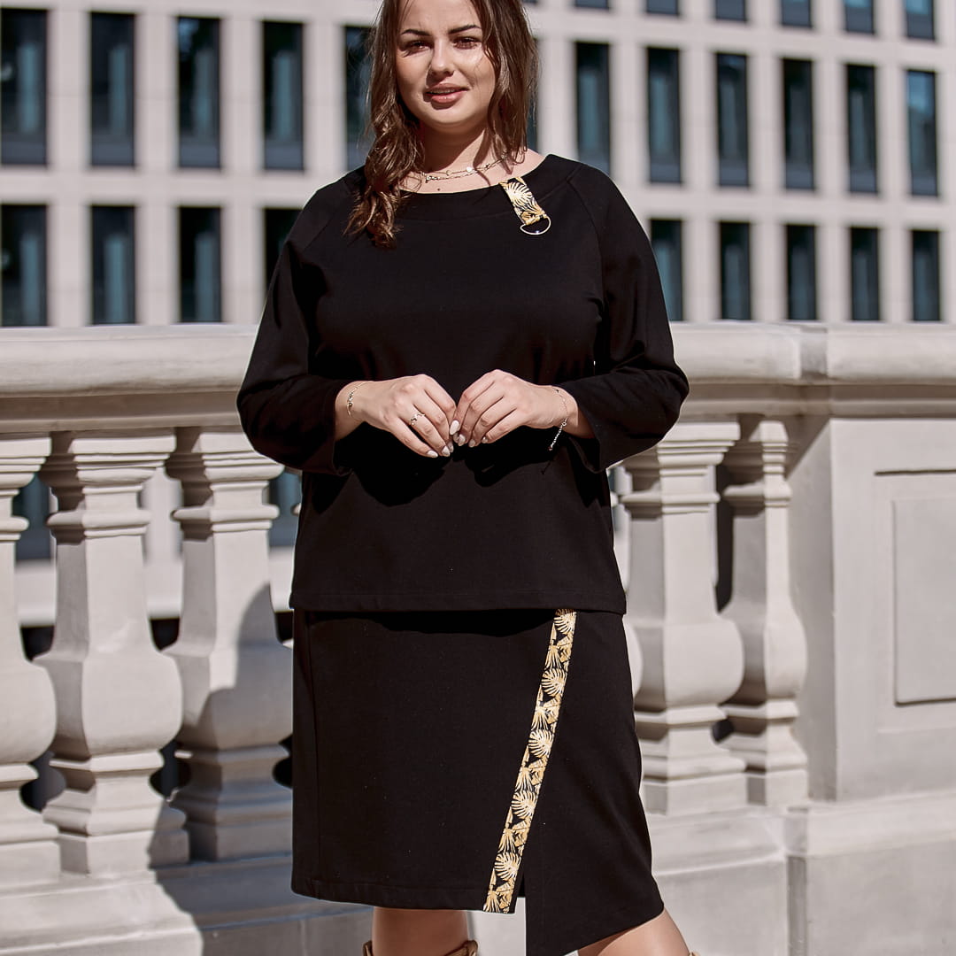 Elegancki czarny komplet Emma z ozdobnymi lampasami XXL OVERSIZE JESIEŃ ZIMA