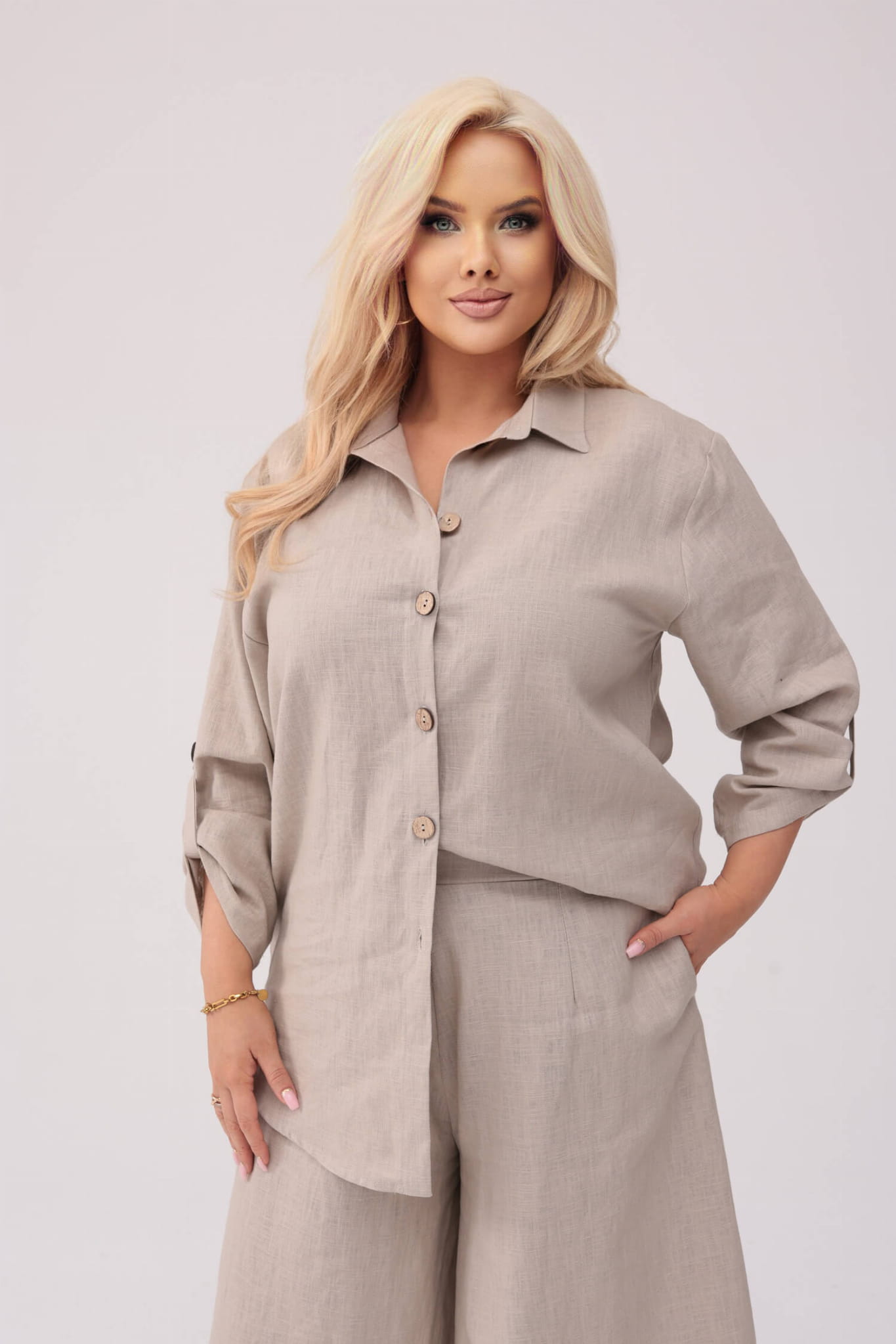 Koszula Lena w naturalnym kolorze lnu - Elegancja w stylu eco PLUS SIZE OVERSIZE XXL
