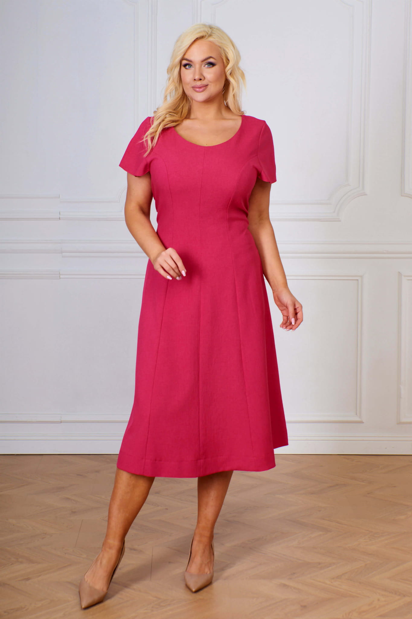 Amarantowa lniana sukienka Dona XXL OVERSIZE WIOSNA