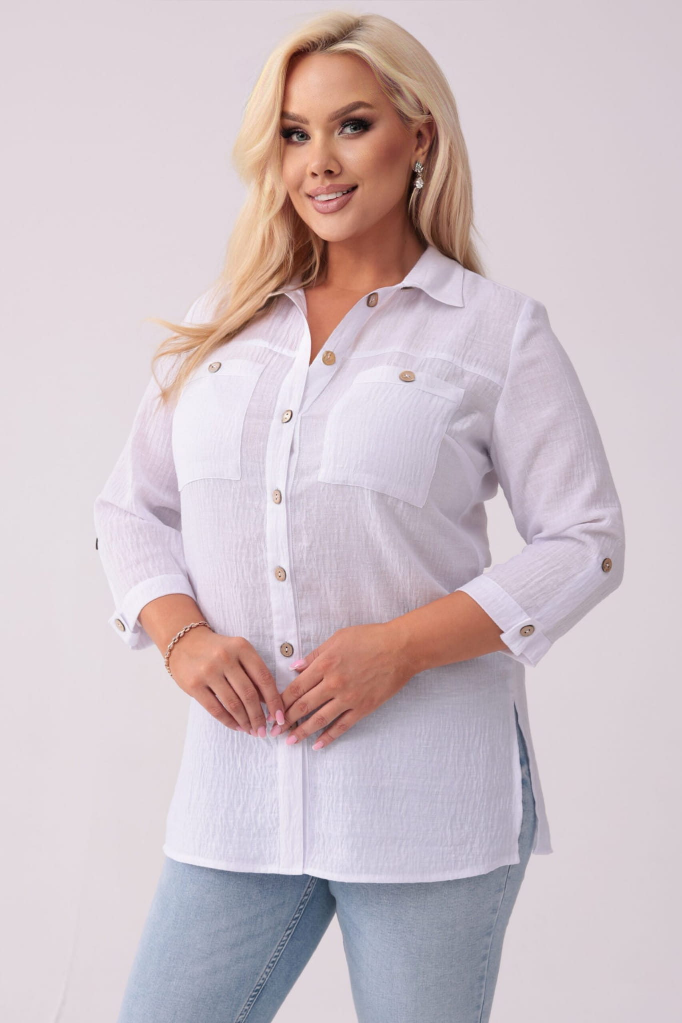 Elegancka lniana biała koszula z rękawem 3/4 PLUS SIZE XXL
