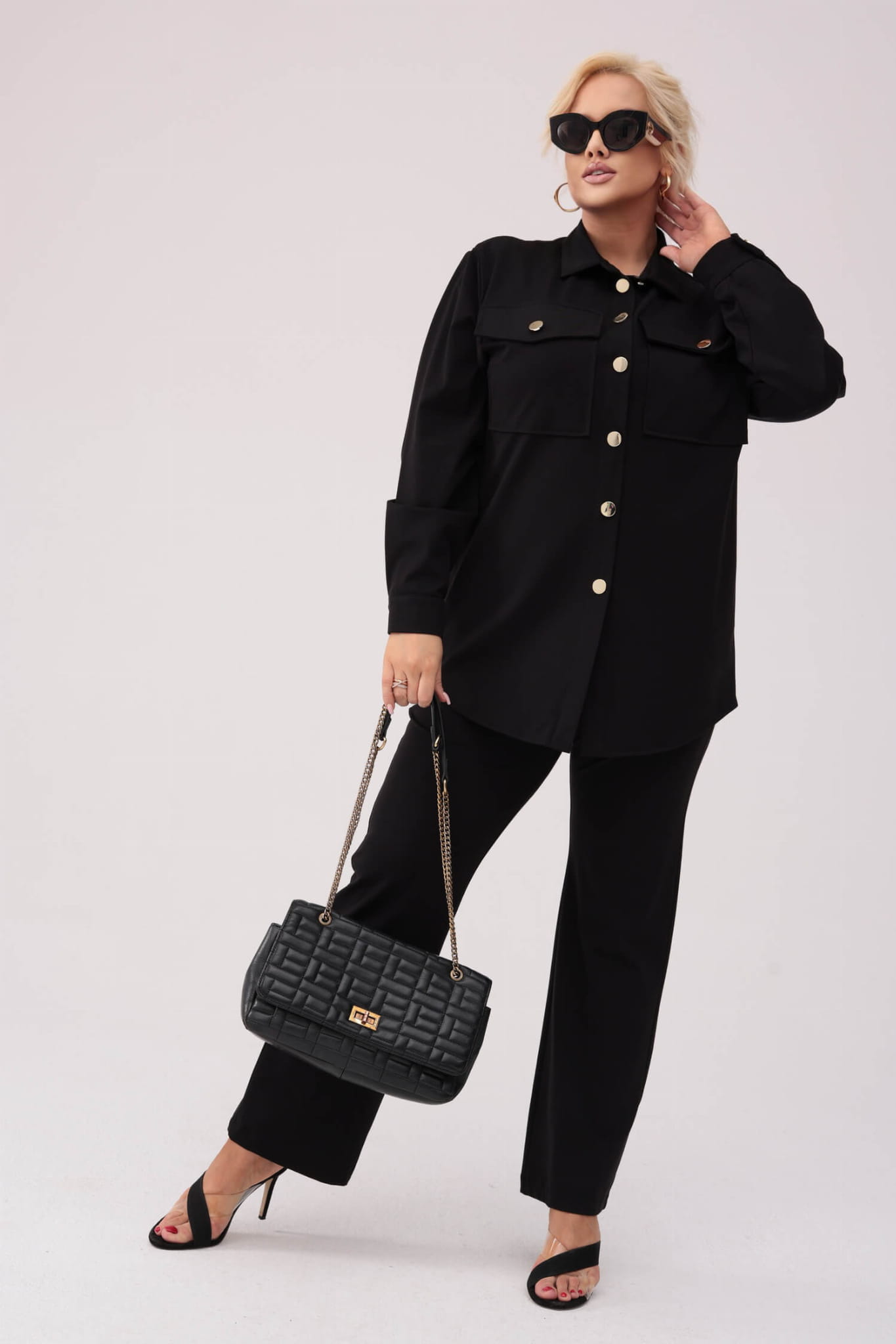 Elegancki czarny komplet Ava - koszula oraz spodnie PLUS SIZE XXL OVERSIZE