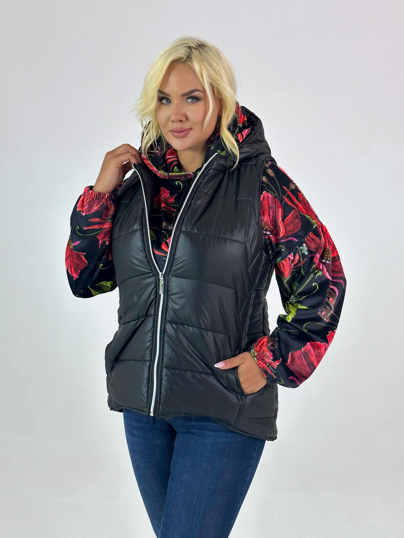 Pikowana czarna kamizelka z kapturem XXL OVERSIZE JESIEŃ ZIMA