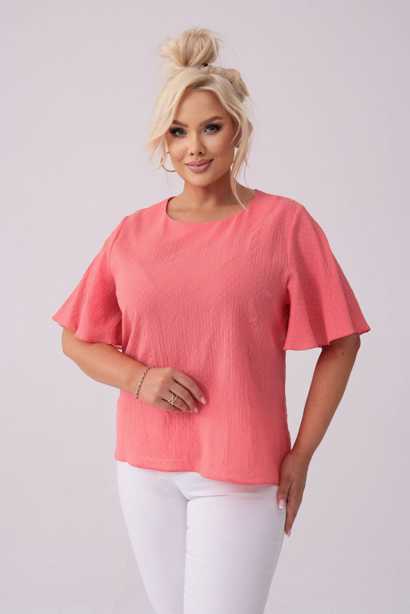 Koralowa bawełniana bluzka Lidia z krótkim rękawem PLUS SIZE XXL LATO