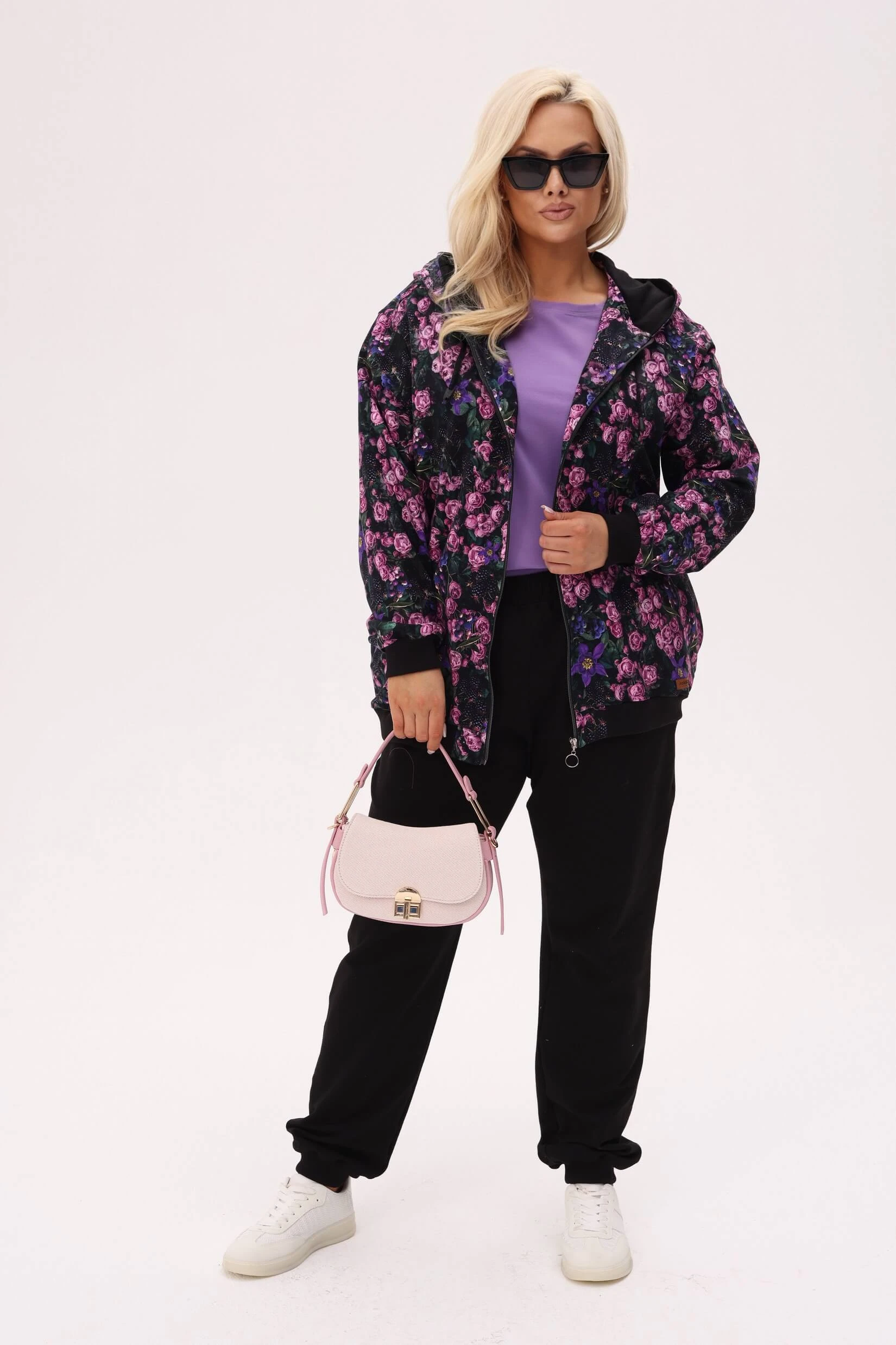 Dres Loretta w jeżynowy print z czarnymi spodniami PLUS SIZE XXL OVERSIZE JESIEŃ