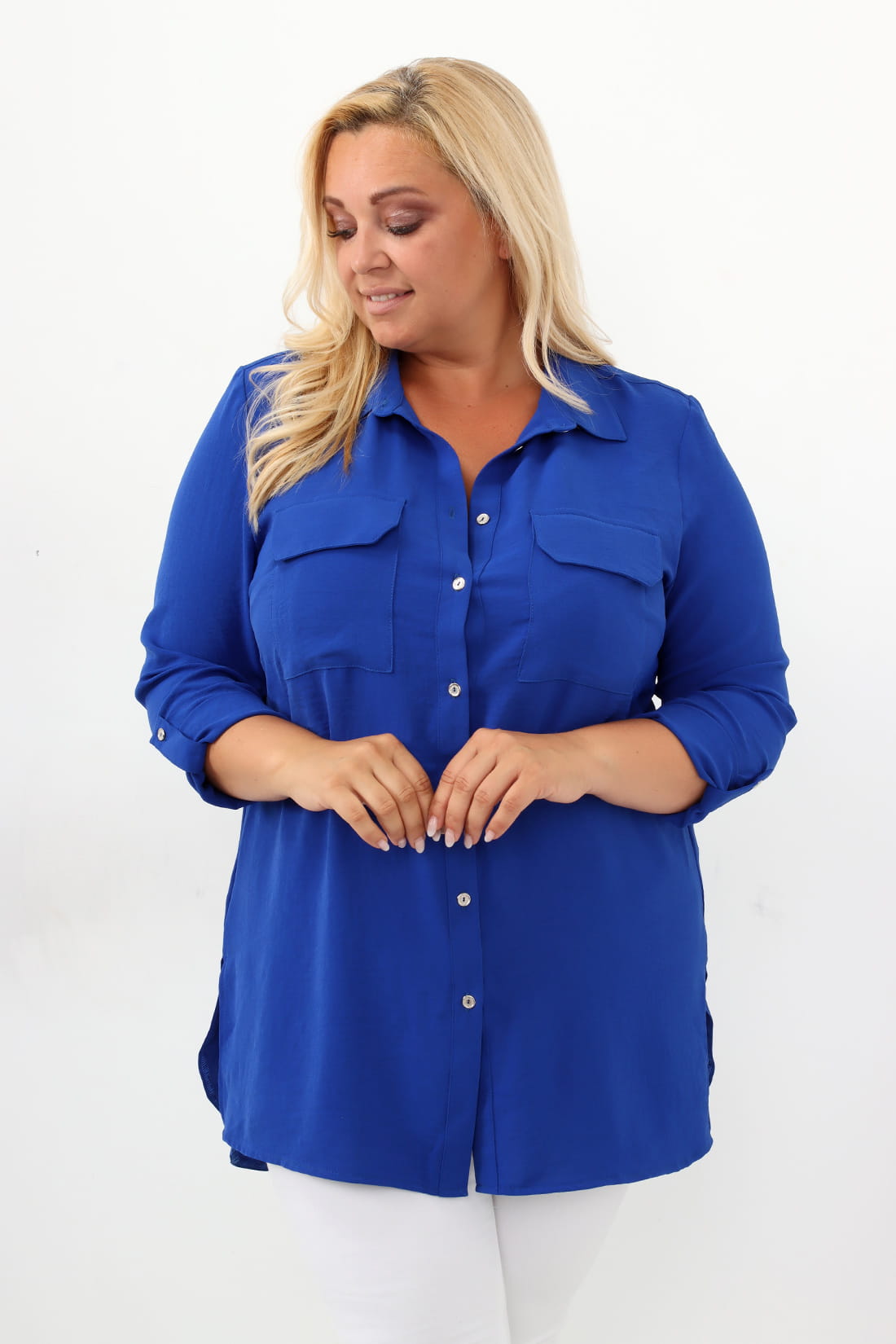 Szafirowa bluzka koszula Celia długi rękaw PLUS SIZE XXL