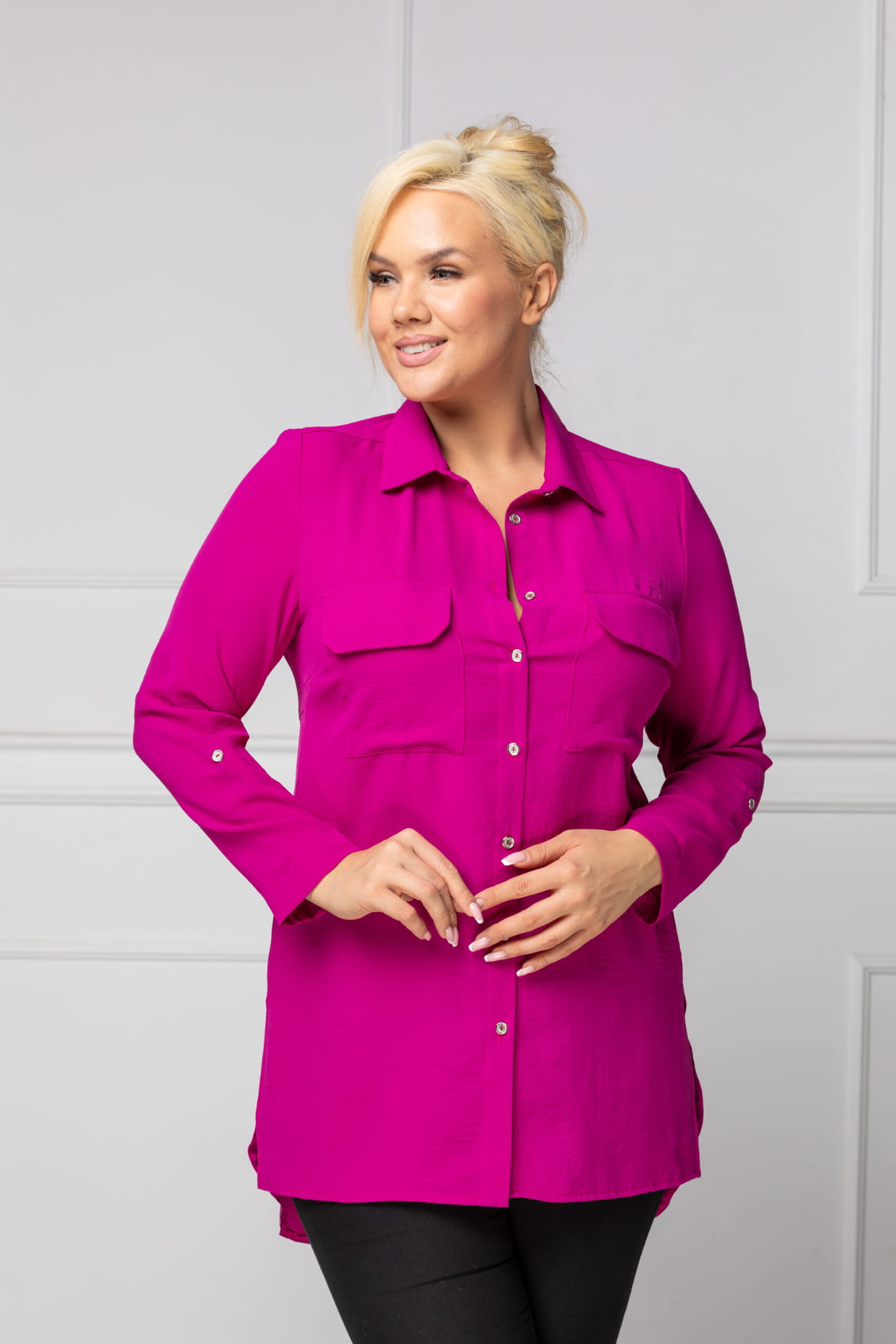 Amarantowa koszula z długim rękawem zapinana na guziki PLUS SIZE XXL