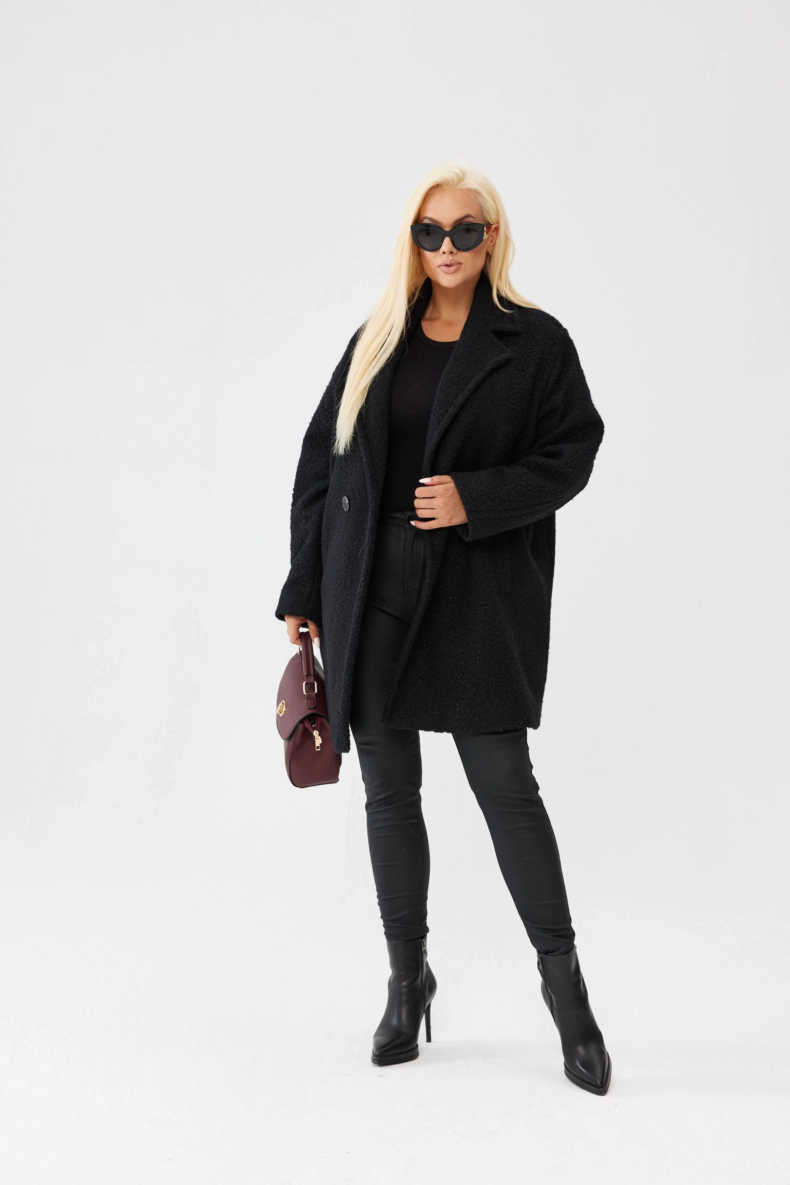 Czarny damski płaszcz Isabella z tkaniny bukla - elegancja i komfort PLUS SIZE XXL OVERSIZE JESIEŃ