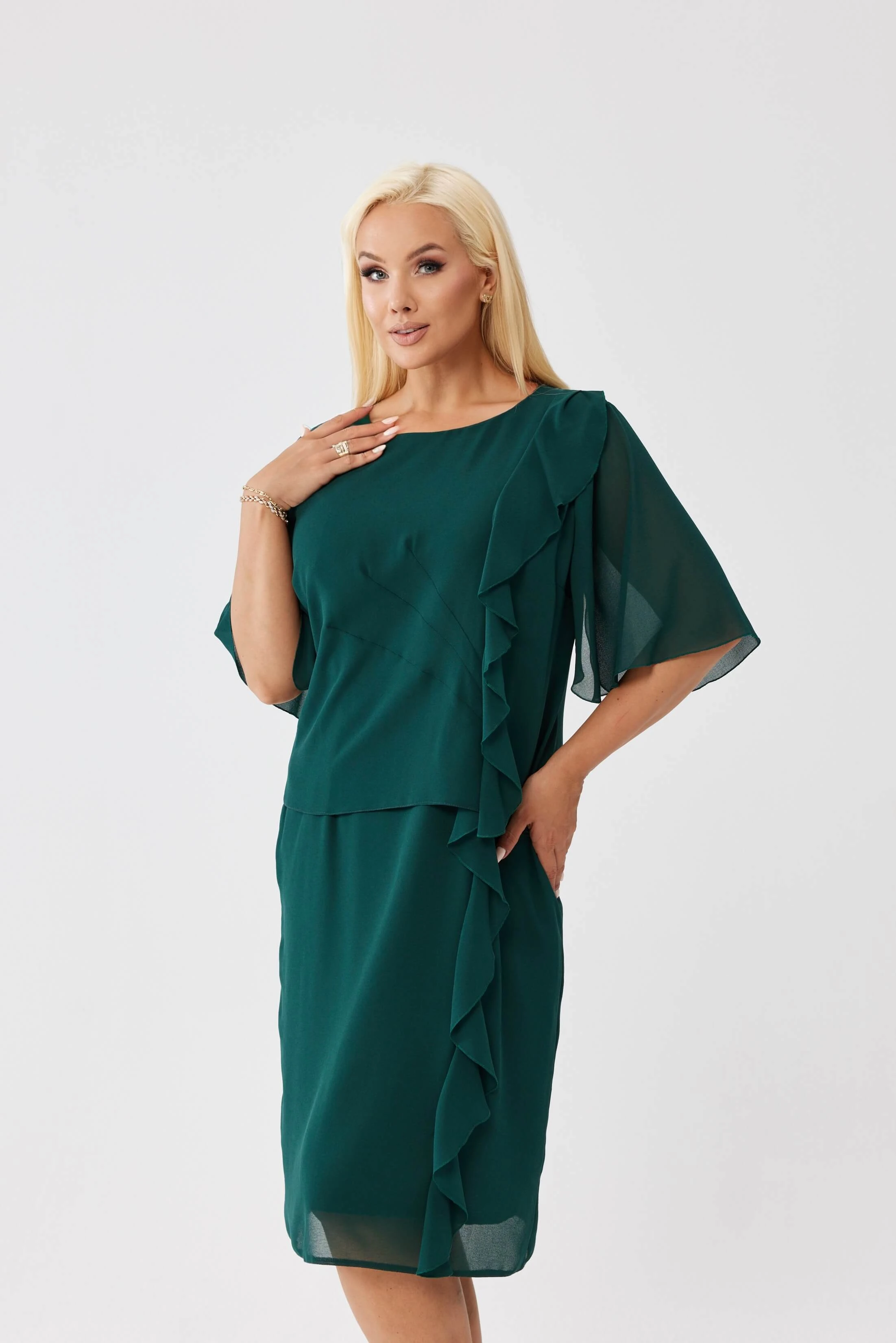 Sukienka Estelle w kolorze butelkowej zieleni - zwiewna szyfonowa kreacja PLUS SIZE XXL OVERSIZE JESIEŃ