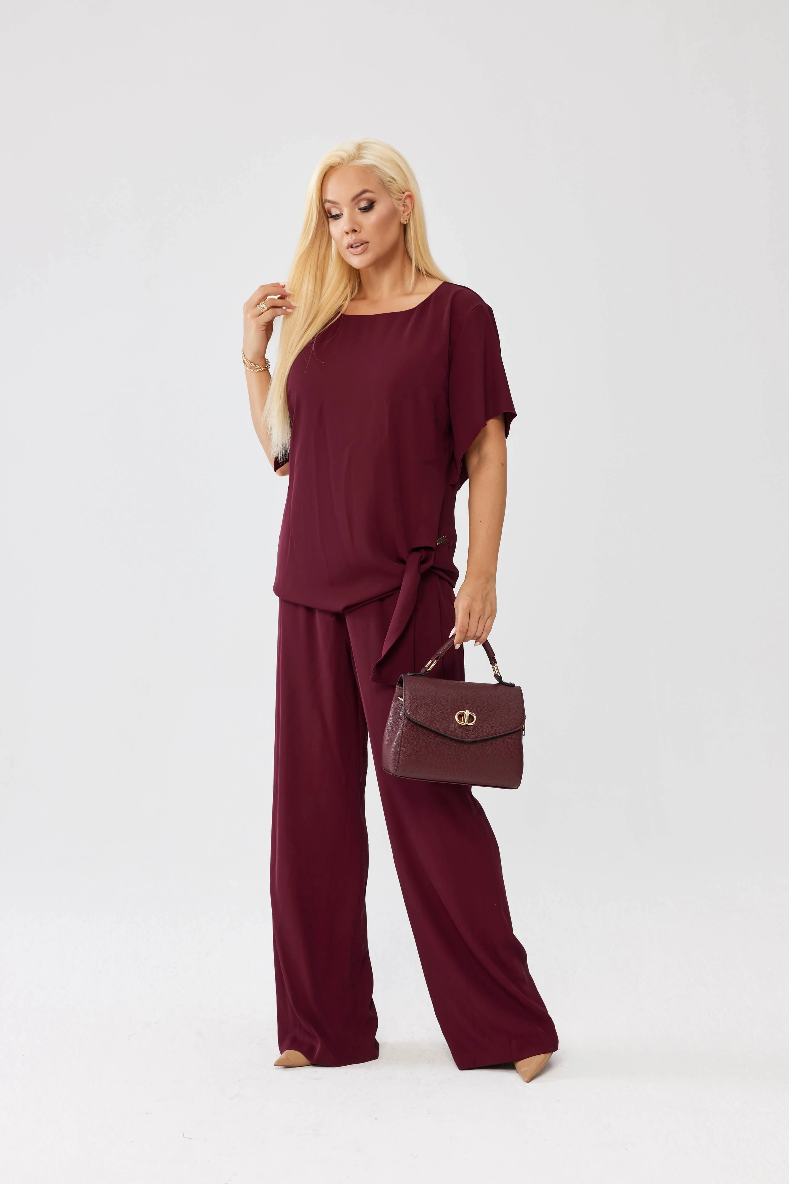 Elegancki komplet Rosa bluzka i spodnie w bordowym kolorze OVERSIZE PLUS SIZE XXL JESIEŃ