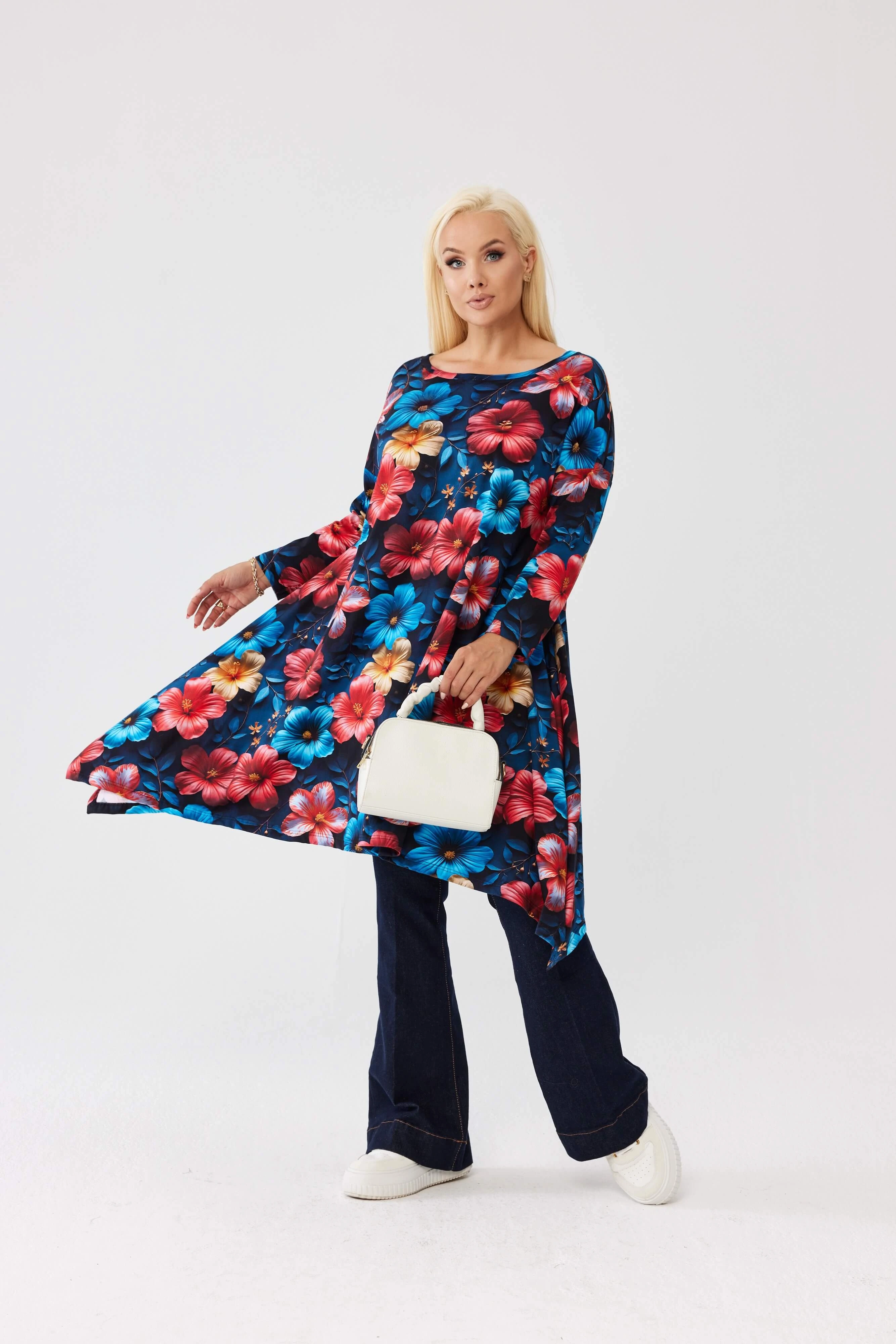 Asymetryczna tunika w hibiskusy OVERSIZE PLUS SIZE XXL JESIEŃ