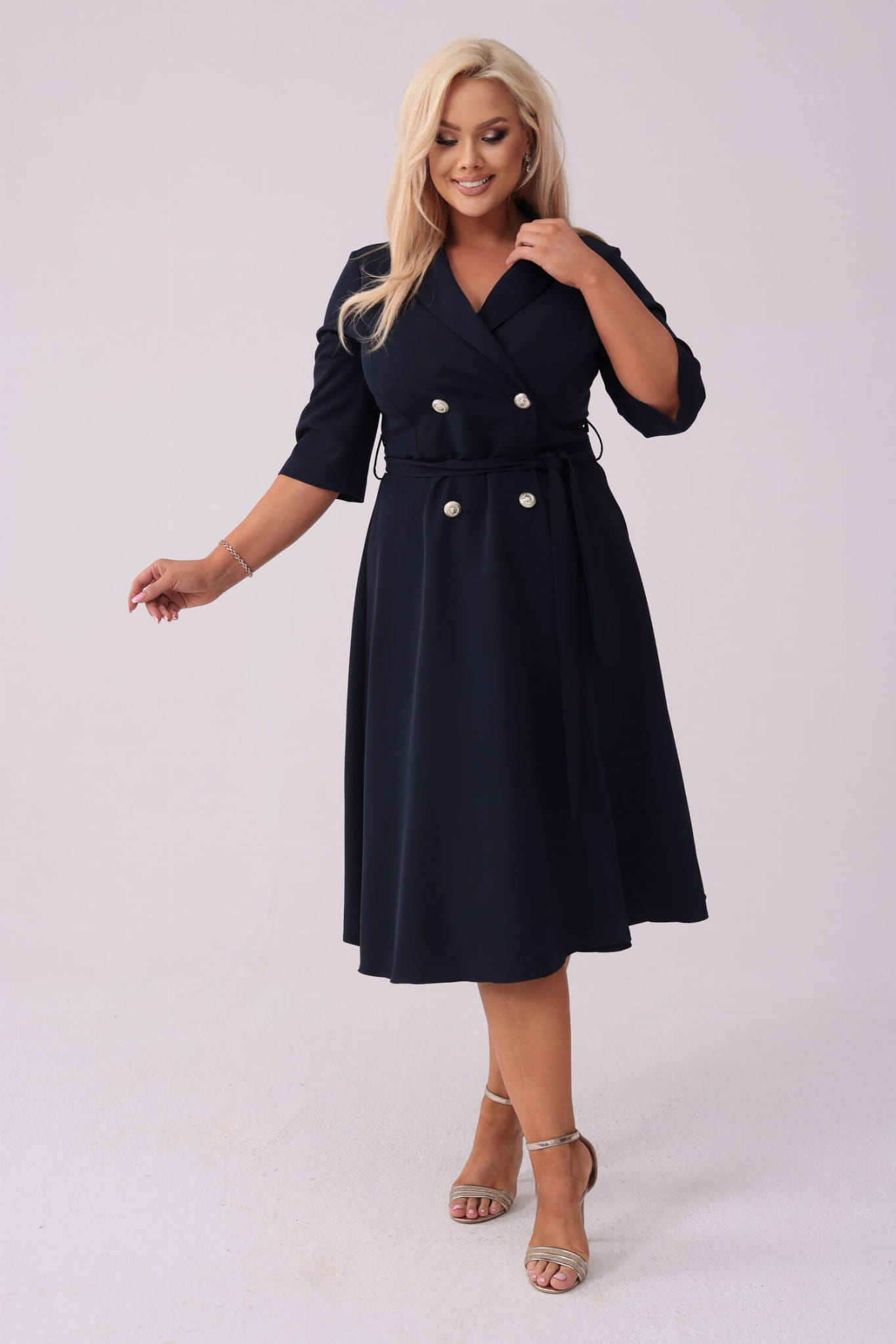 Elegancka granatowa żakietowa sukienka Marietta XXL OVERSIZE JESIEŃ