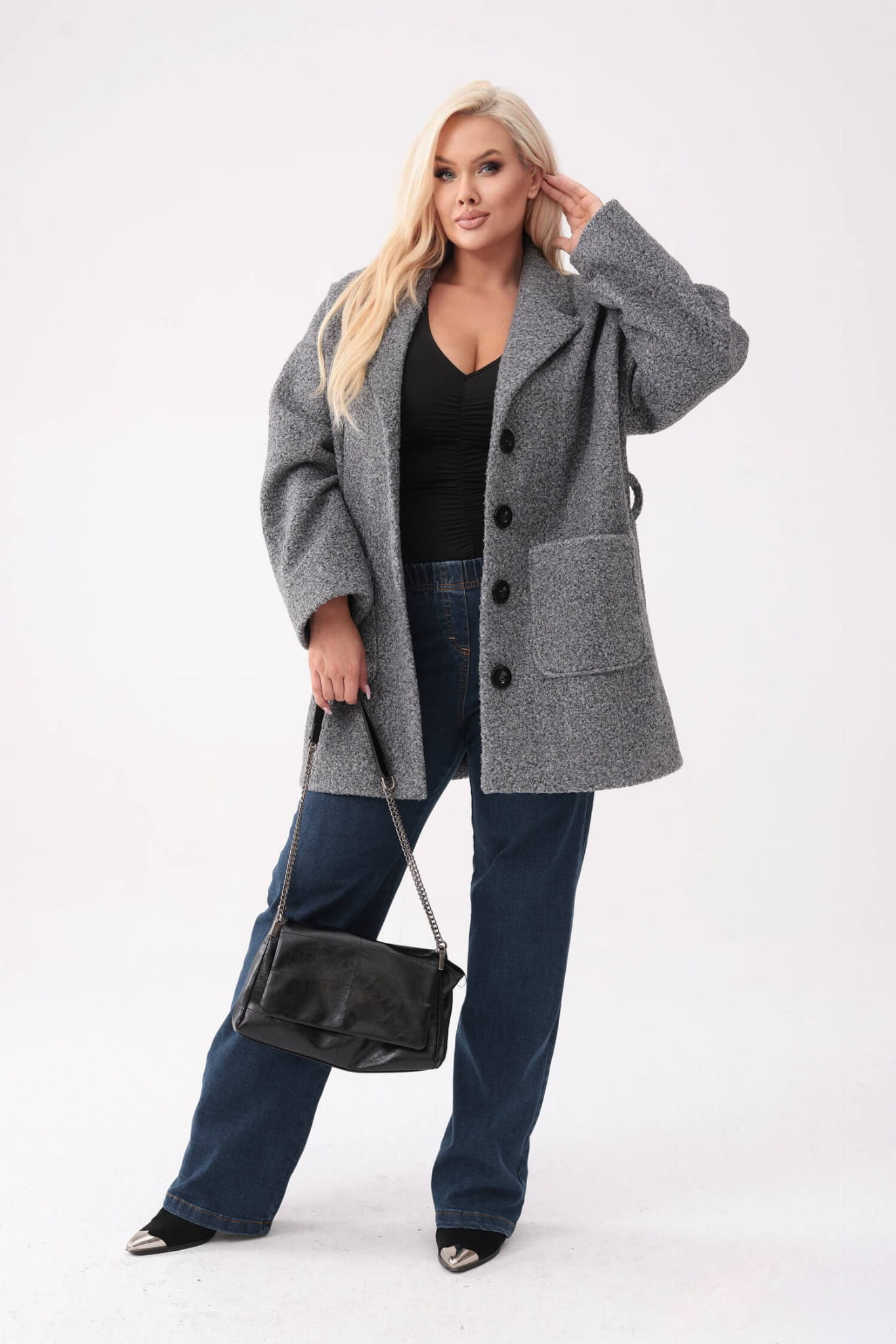 Elegancki popielaty płaszcz Buclette z szerokim paskiem COSY PLUS SIZE XXL OVERSIZE JESIEŃ