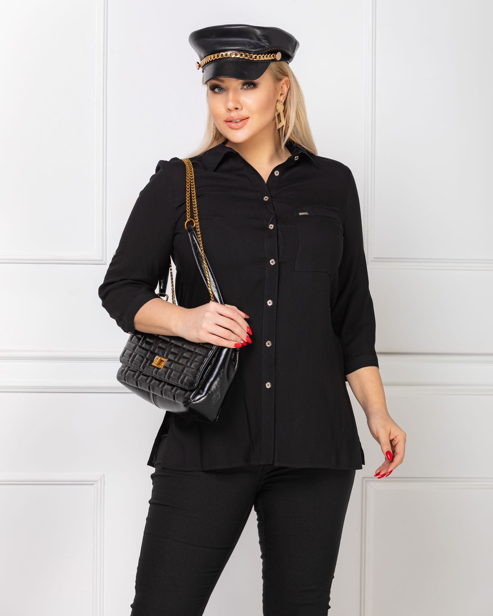 Elegancka czarna długa zapinana koszula z rękawem 3/4 PLUS SIZE XXL