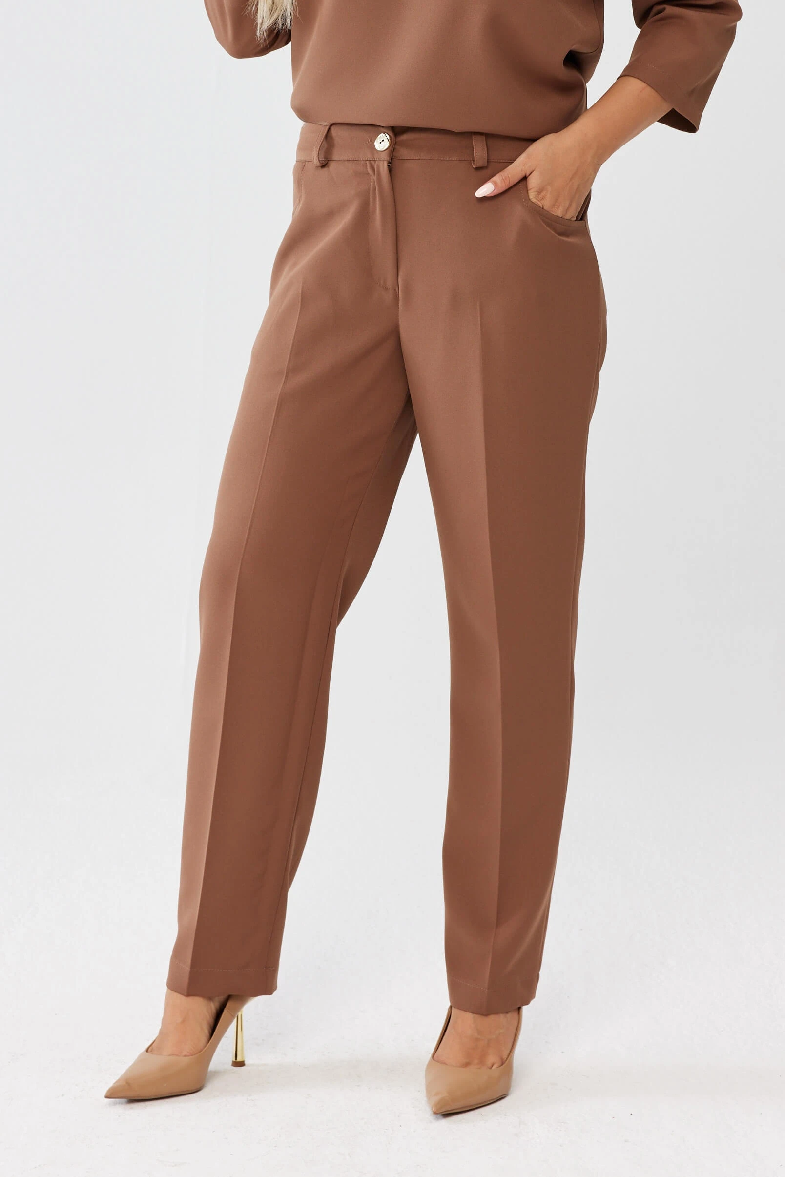 Eleganckie klasyczne karmelowe spodnie Eleonora PLUS SIZE XXL OVERSIZE JESIEŃ