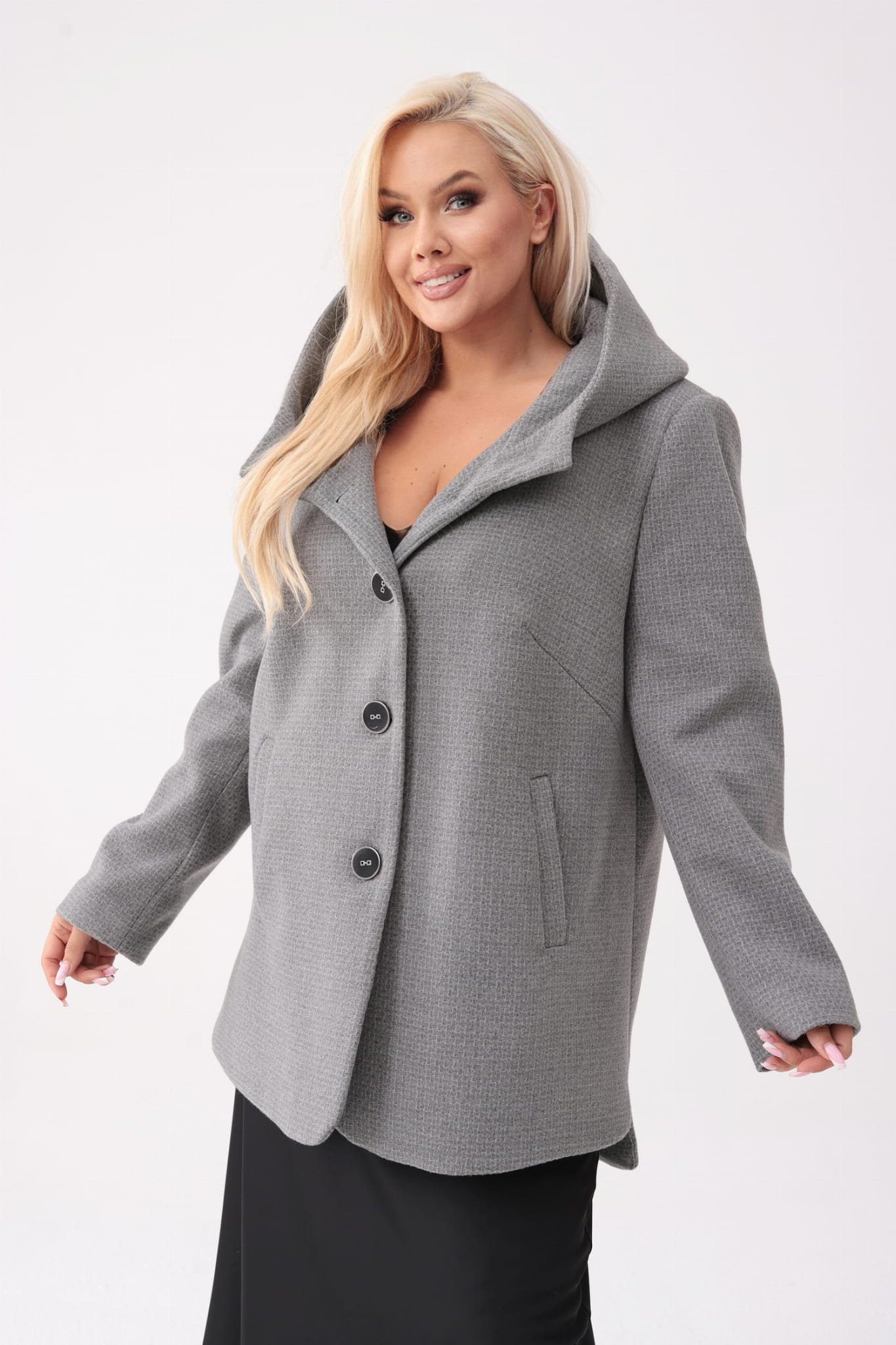 Szara kurtka Carla z kapturem wykonana z flauszu o strukturze wafelka PLUS SIZE XXL OVERSIZE JESIEŃ