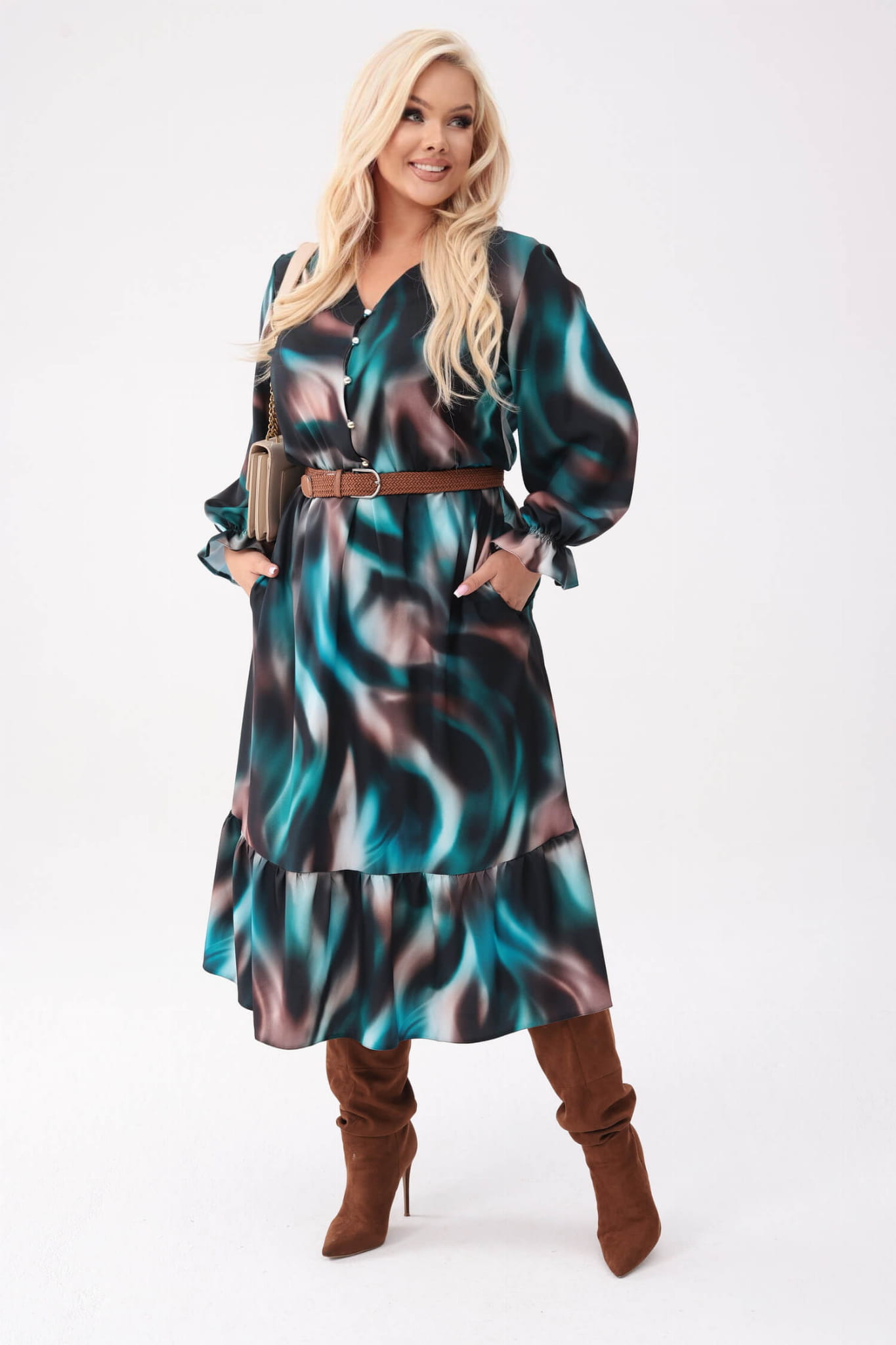 Elegancka sukienka Selena z falbaną o długości MIDI PLUS SIZE XXL OVERSIZE
