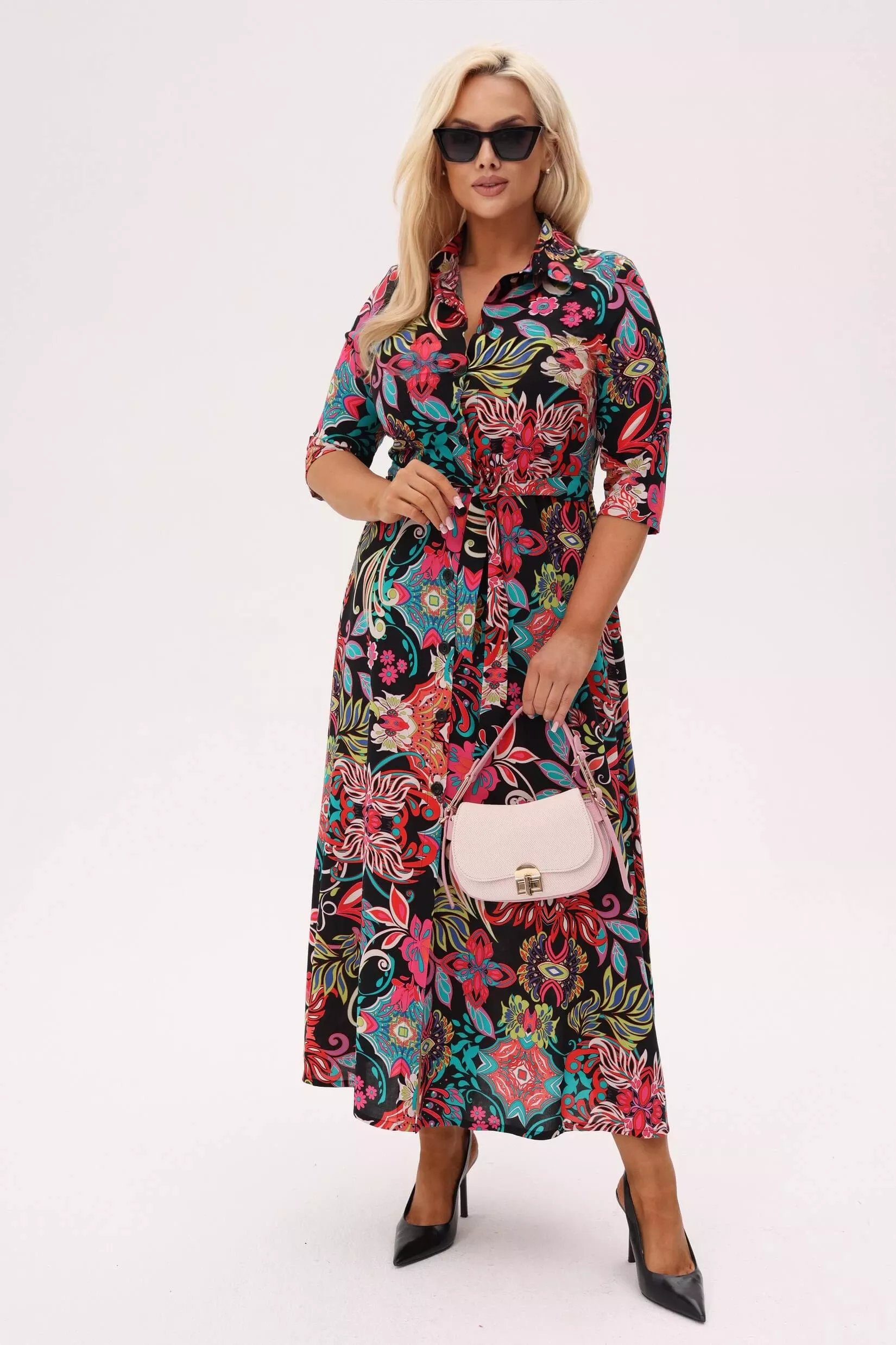 Czarna koszulowa sukienka Lola o długości MAXI w print orientalnych kwiatów PLUS SIZE XXL OVERSIZE JESIEŃ