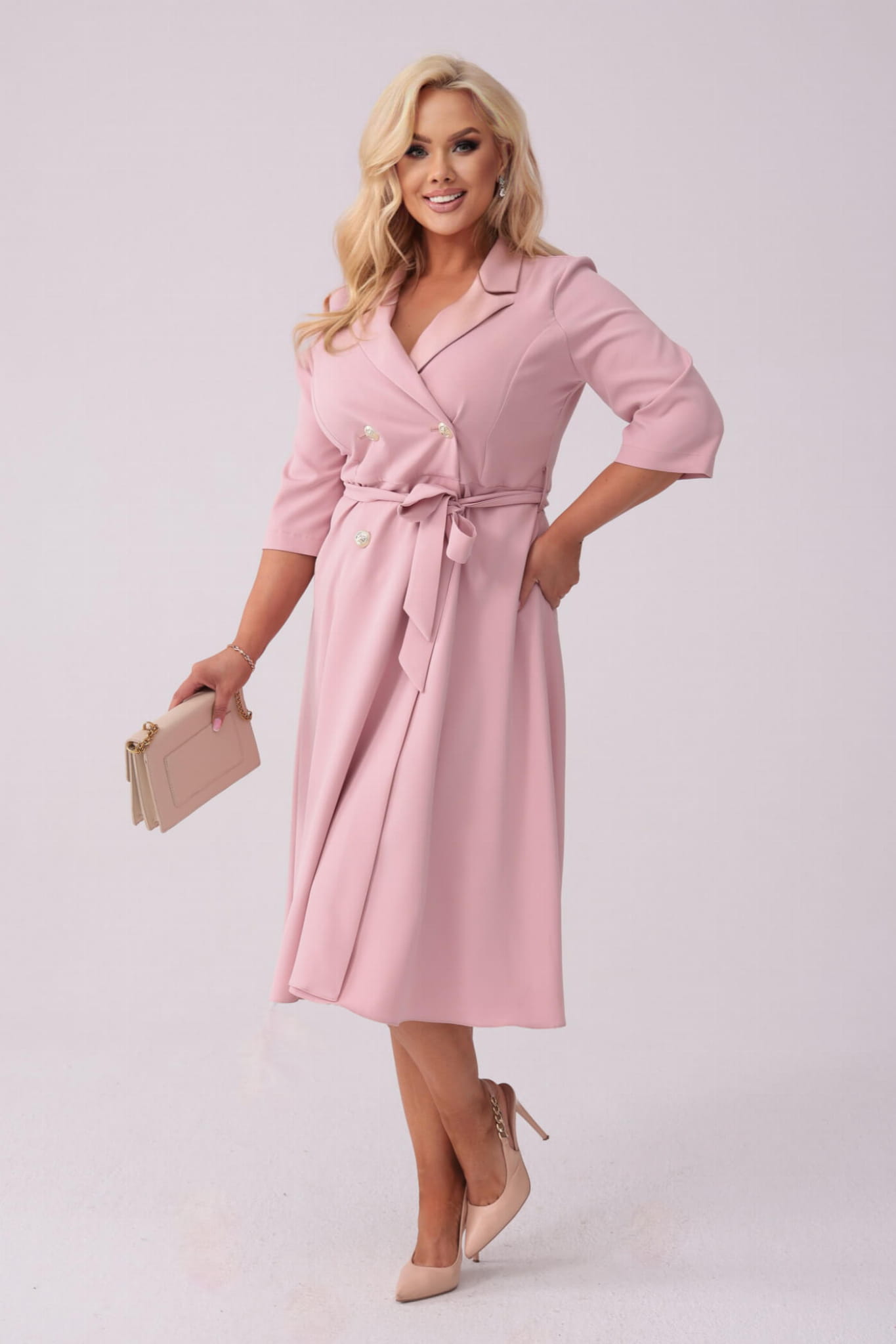 Elegancka żakietowa sukienka Marietta w kolorze pudrowego różu XXL OVERSIZE