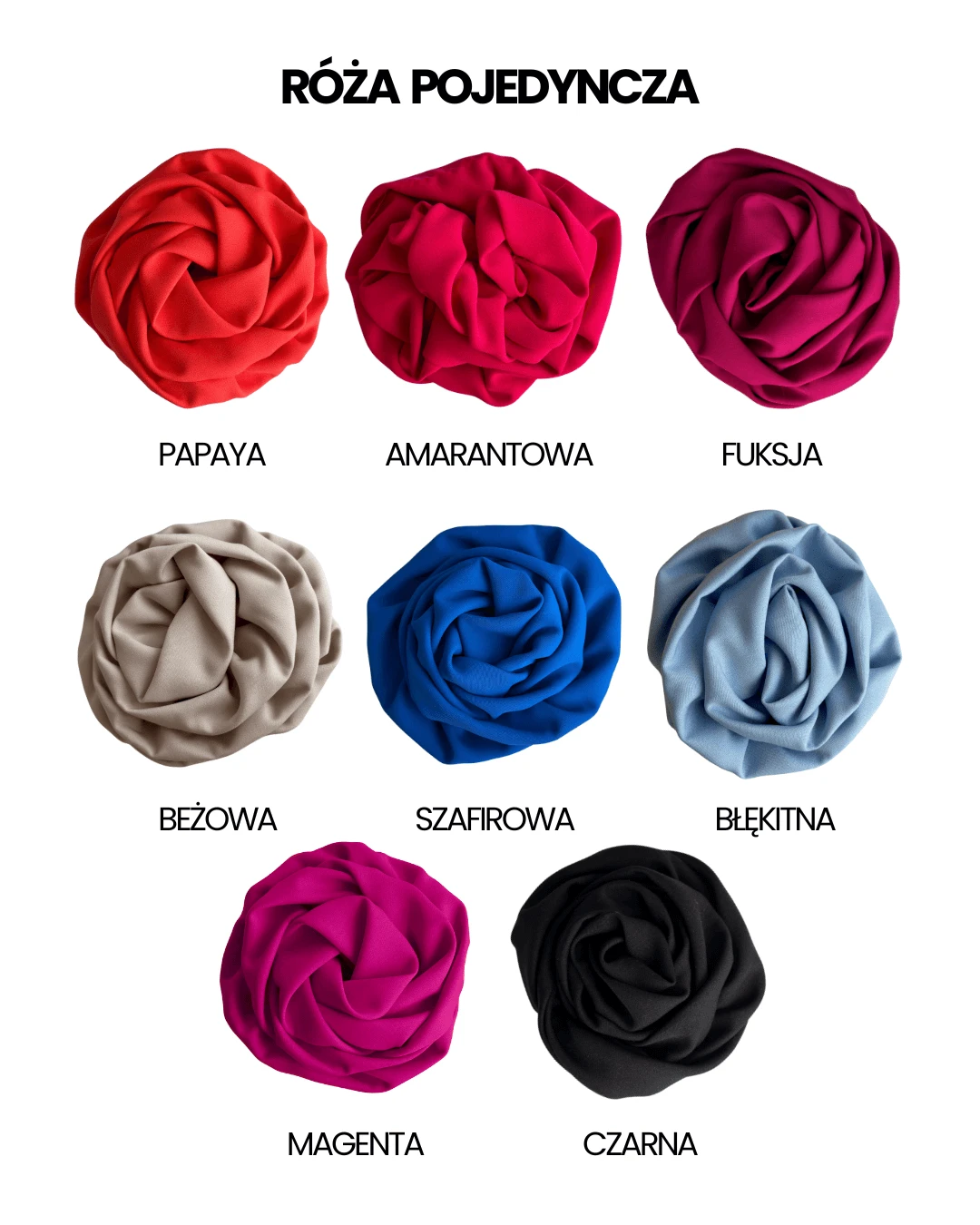 Róża Pojedyncza – ręcznie robiona przypinana ozdoba do stylizacji, broszka/przypinka w kształcie kwiatka 3D | czarna, amarantowa, fuksja, papaya, beżo