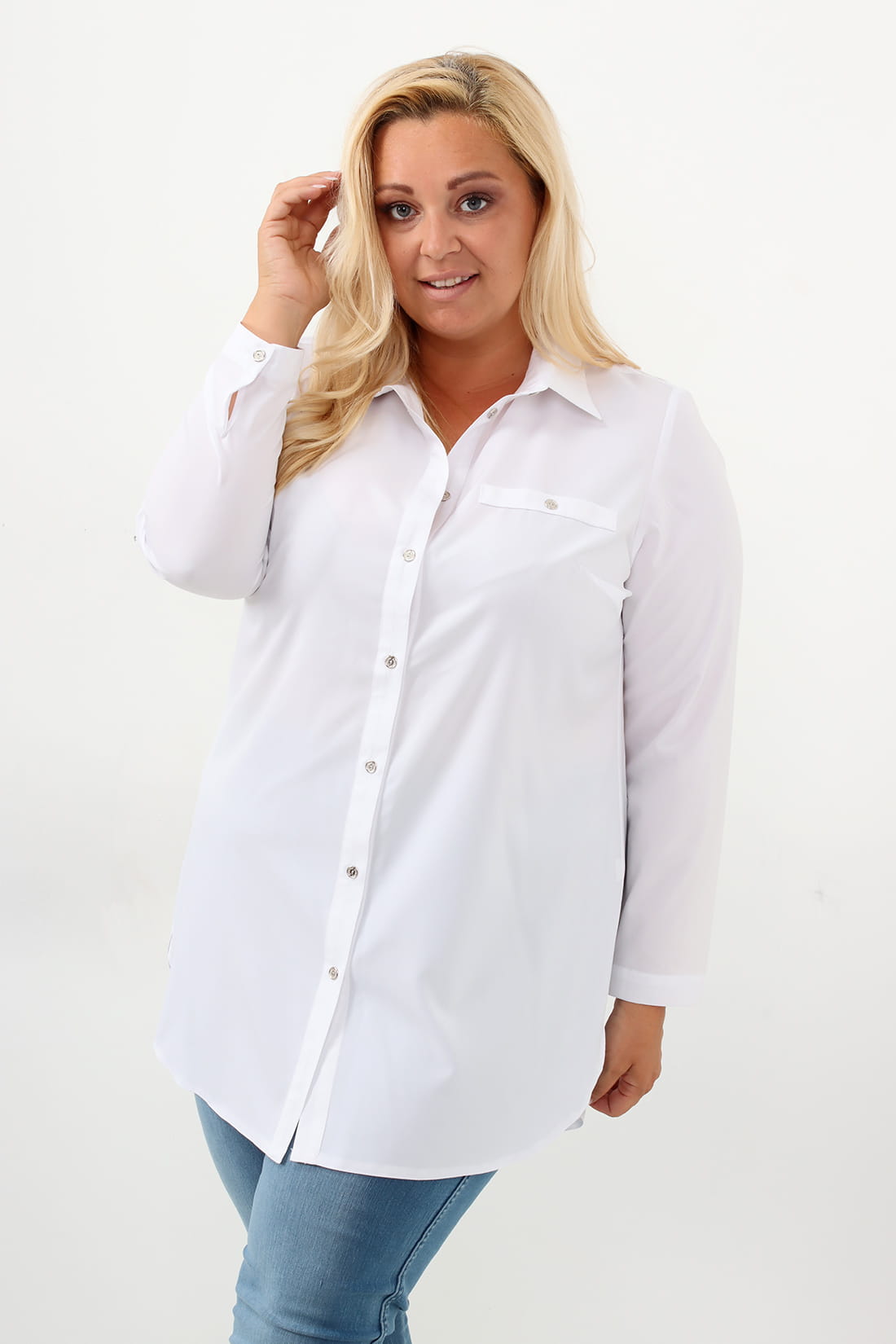 Elegancka biała długa zapinana na guziki koszula PLUS SIZE XXL