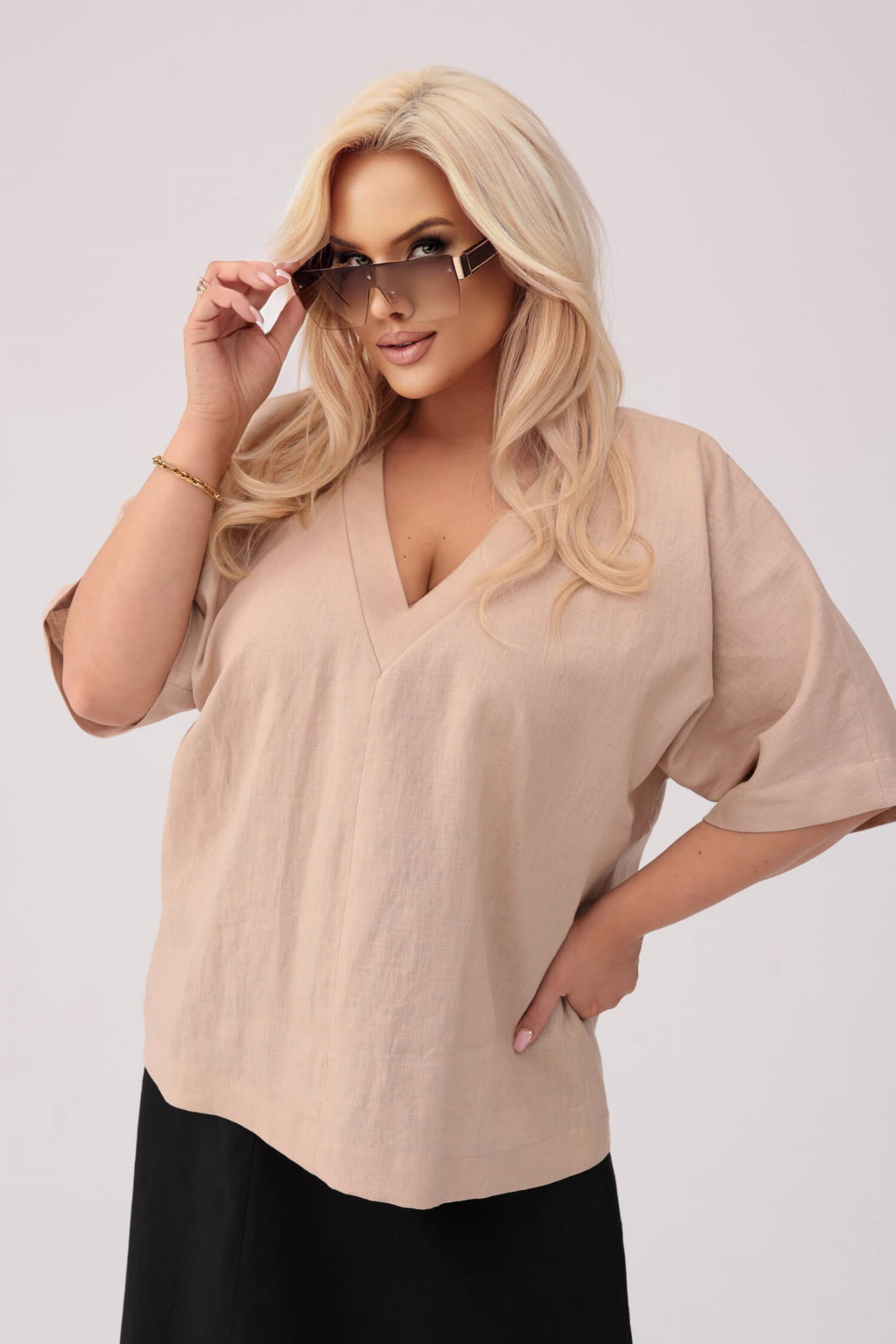 Kimonowa lniana bluzka Ines w kolorze nude PLUS SIZE OVERSIZE XXL