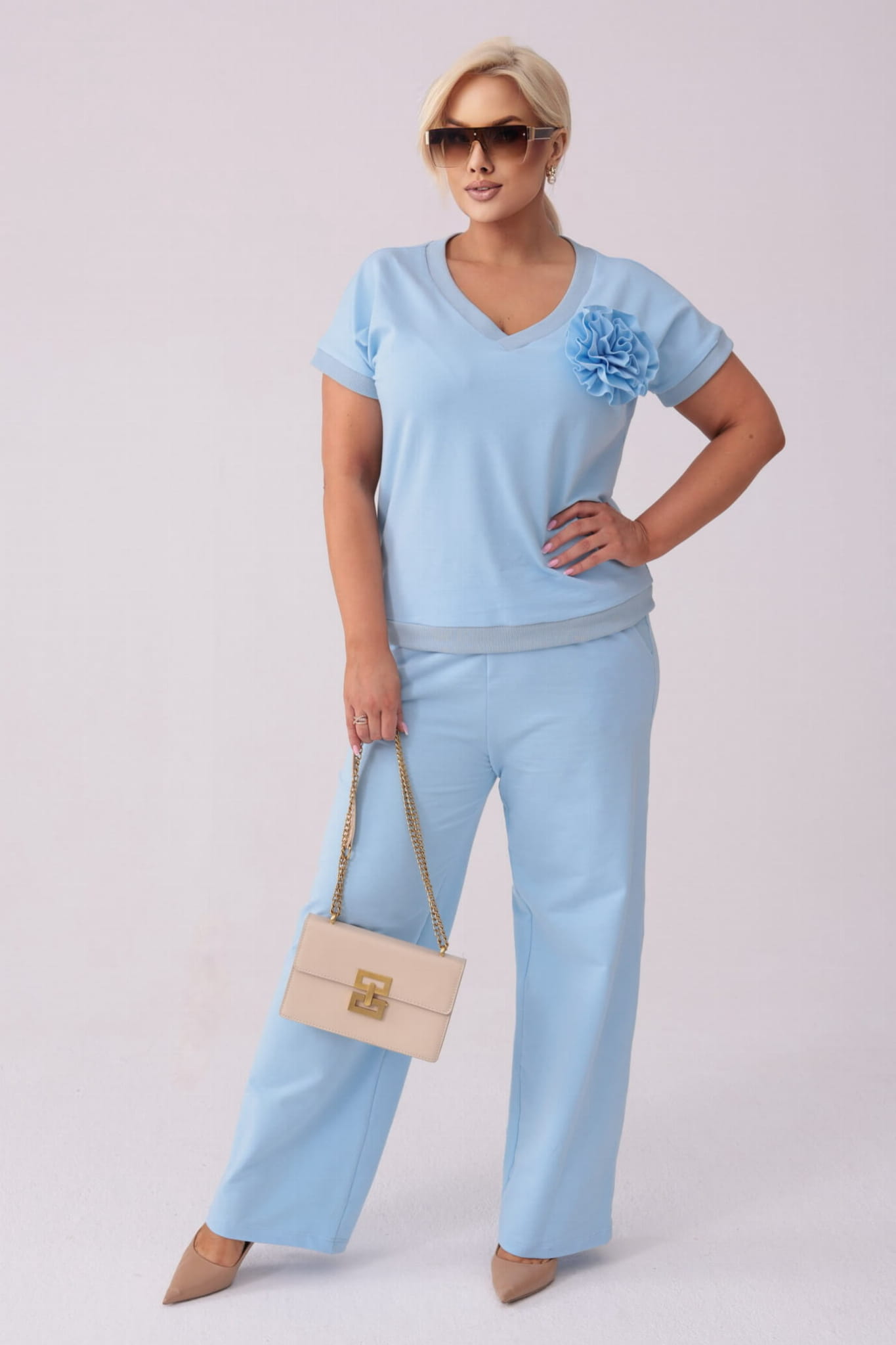 Błękitny komplet dresowy Róża - bluzka + długie spodnie PLUS SIZE XXL LATO