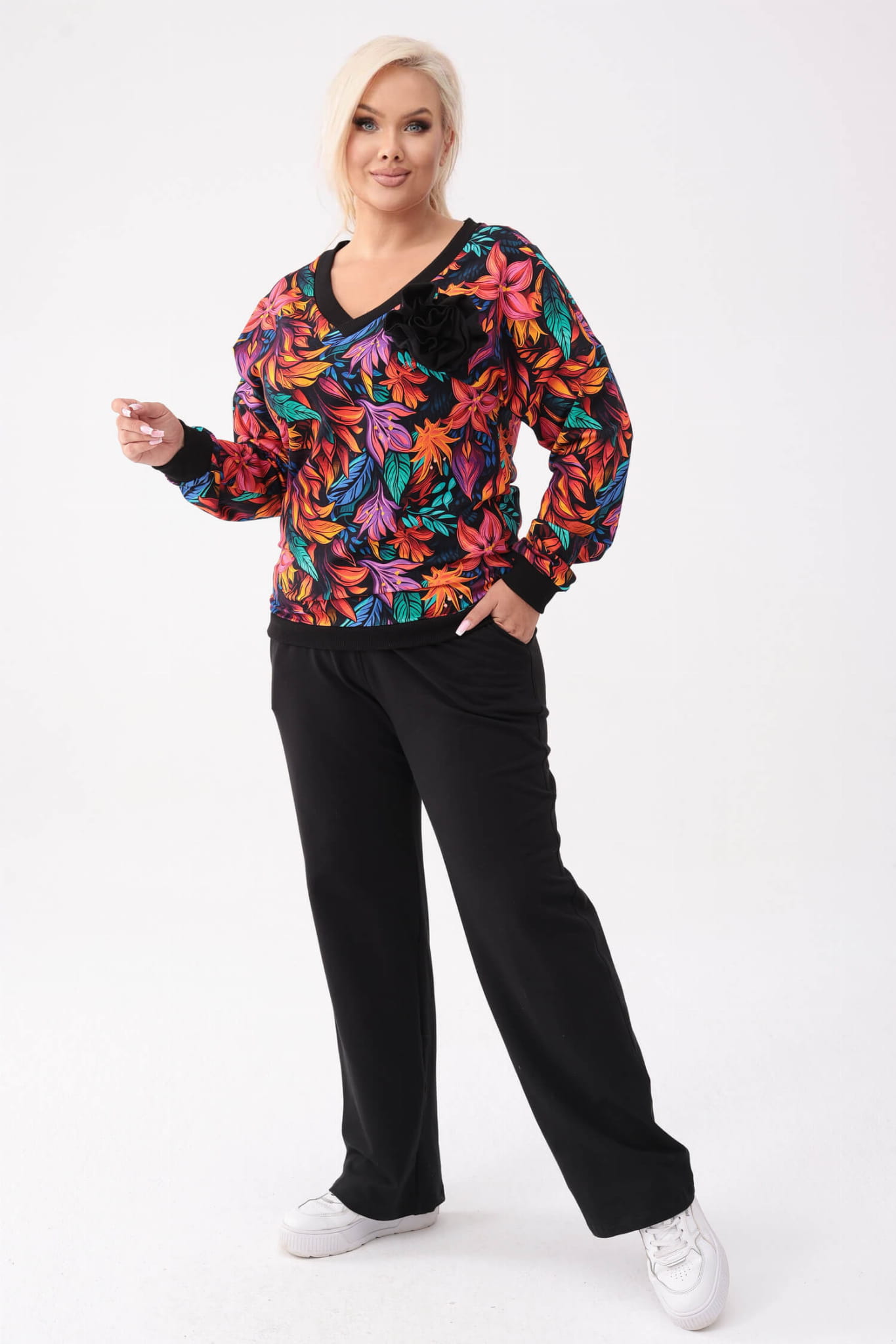 Bawełniany czarny komplet dresowy Comfy - bluza Retro Etno + długie spodnie PLUS SIZE XXL OVERSIZE JESIEŃ