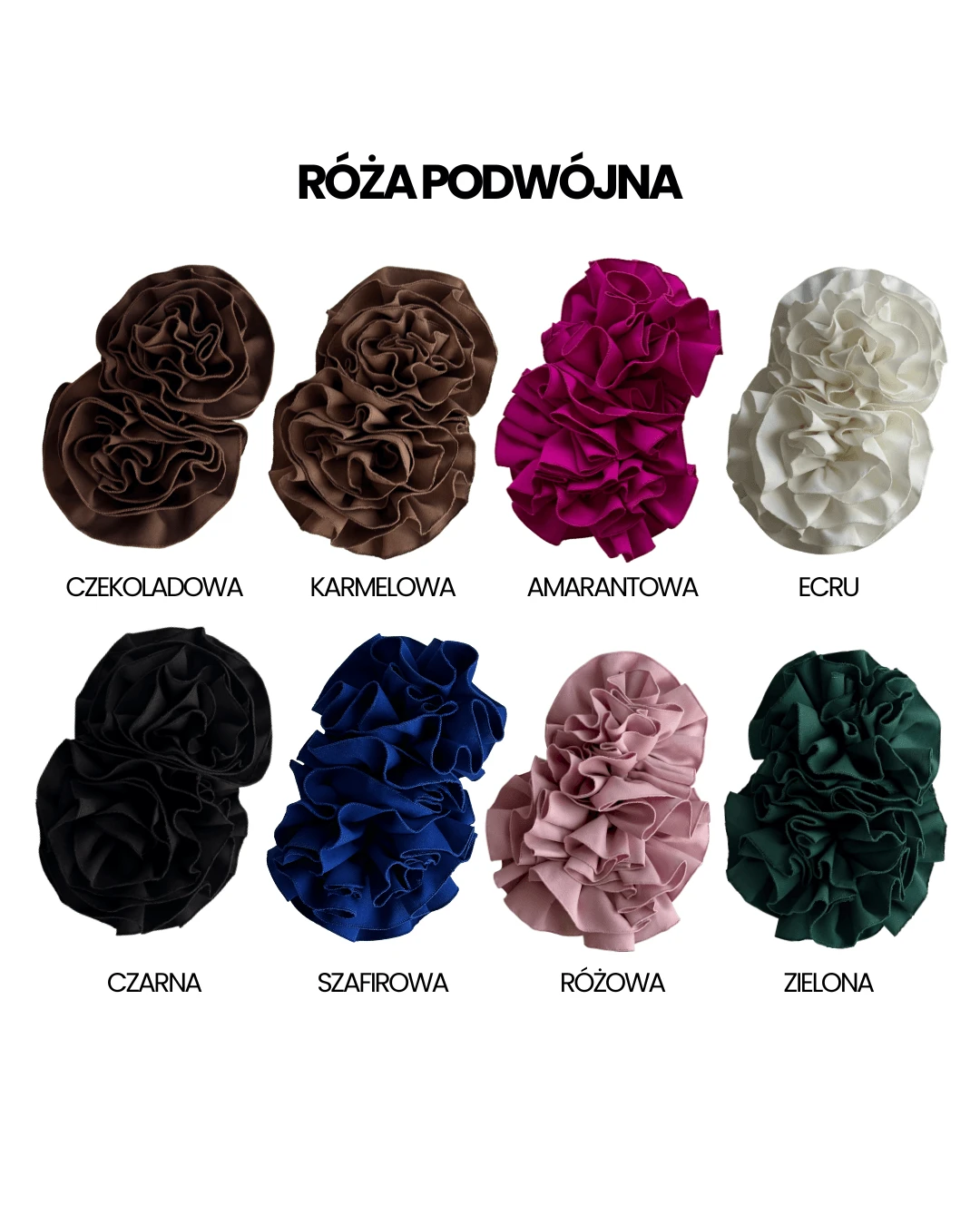 Róża Podwójna – ręcznie robiona przypinana ozdoba do stylizacji, broszka/przypinka w kształcie kwiatka 3D | czarna, magenta, zielona, różowa, czekolad