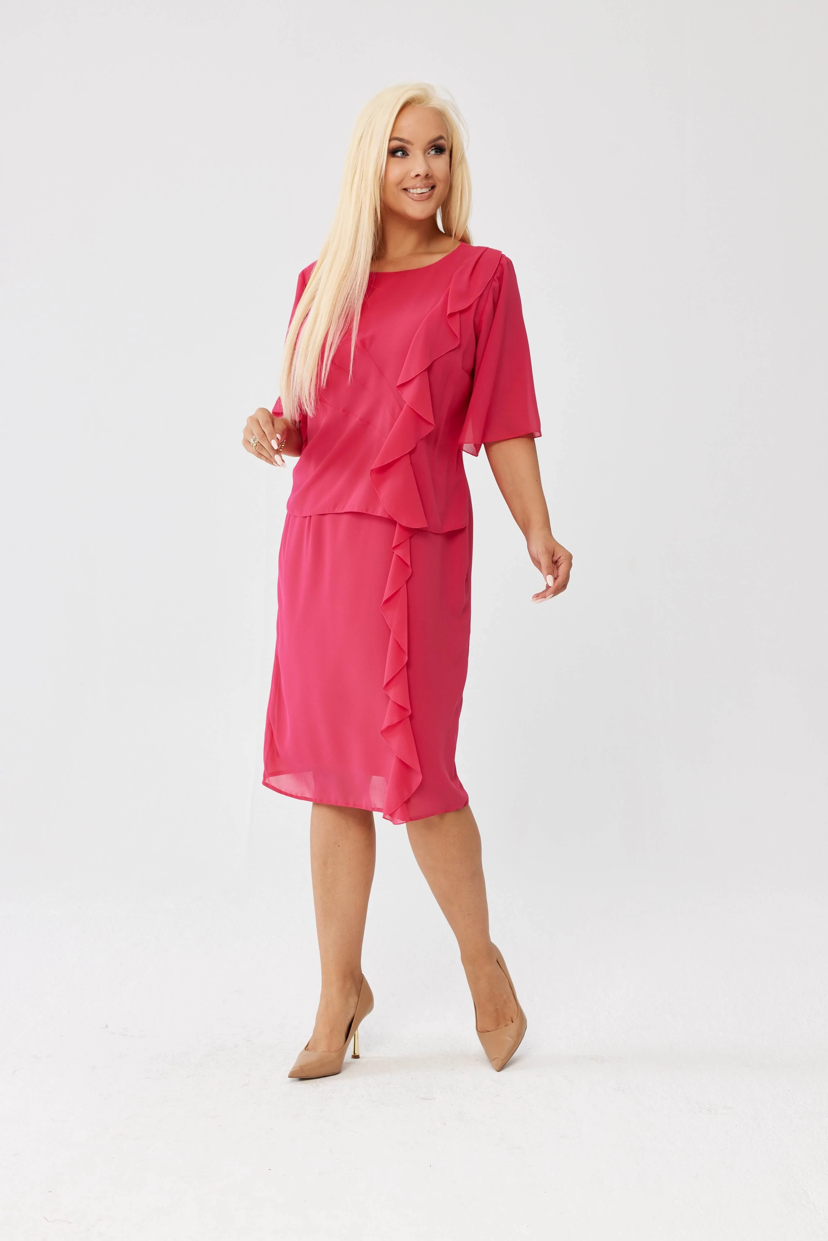 Amarantowa sukienka Estelle - zwiewna szyfonowa kreacja PLUS SIZE XXL OVERSIZE JESIEŃ